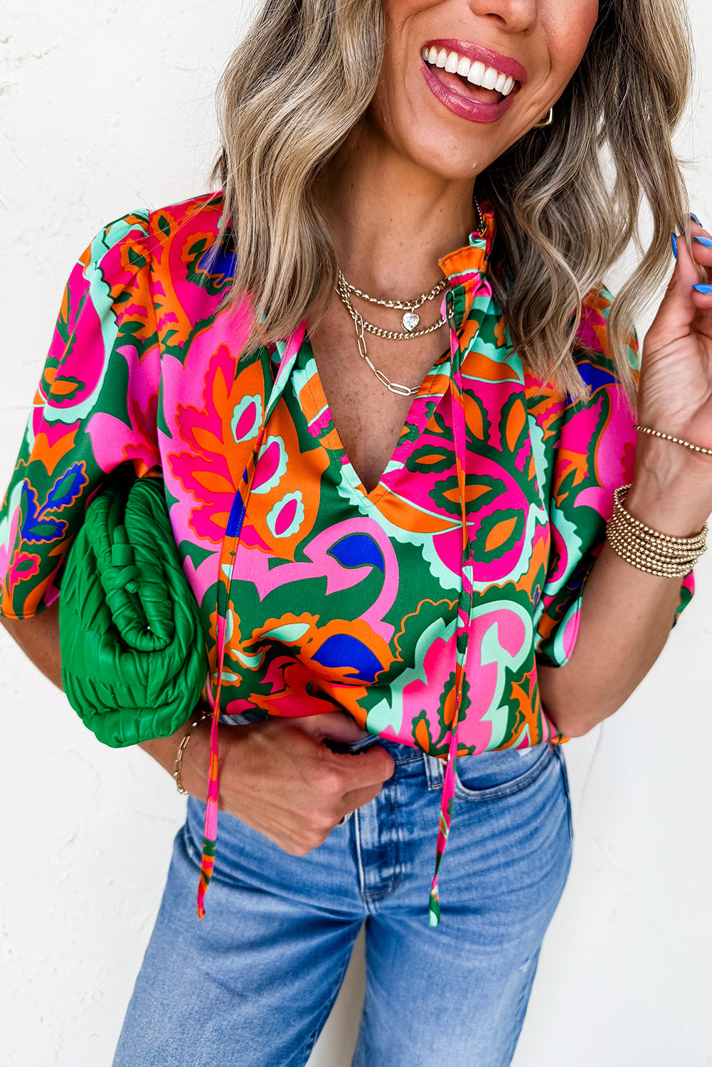Rose Summer Plant Print Lace Up V Neck Short Sleeve Blouse-Tops/Blouses & Shirts-[Adult]-[Female]-Rose-S-2022 Online Blue Zone Planet