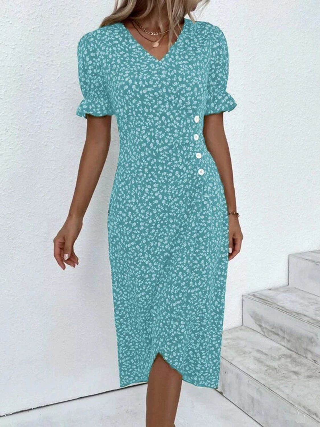 Full Size Printed Surplice Flounce Sleeve Midi Dress-TOPS / DRESSES-[Adult]-[Female]-Aqua-S-2022 Online Blue Zone Planet