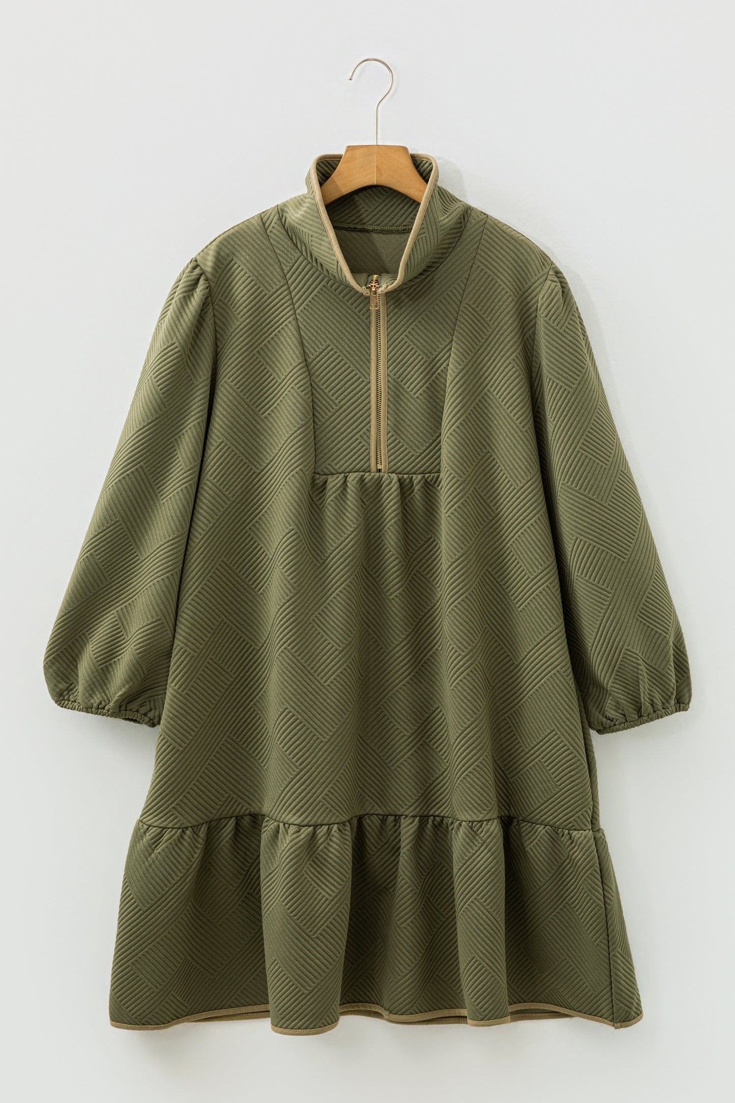 Jungle Green Plus Size Textured Contrast Trim Quarter Zip Bracelet Sleeve Mini Dress-Bracelet-[Adult]-[Female]-2022 Online Blue Zone Planet