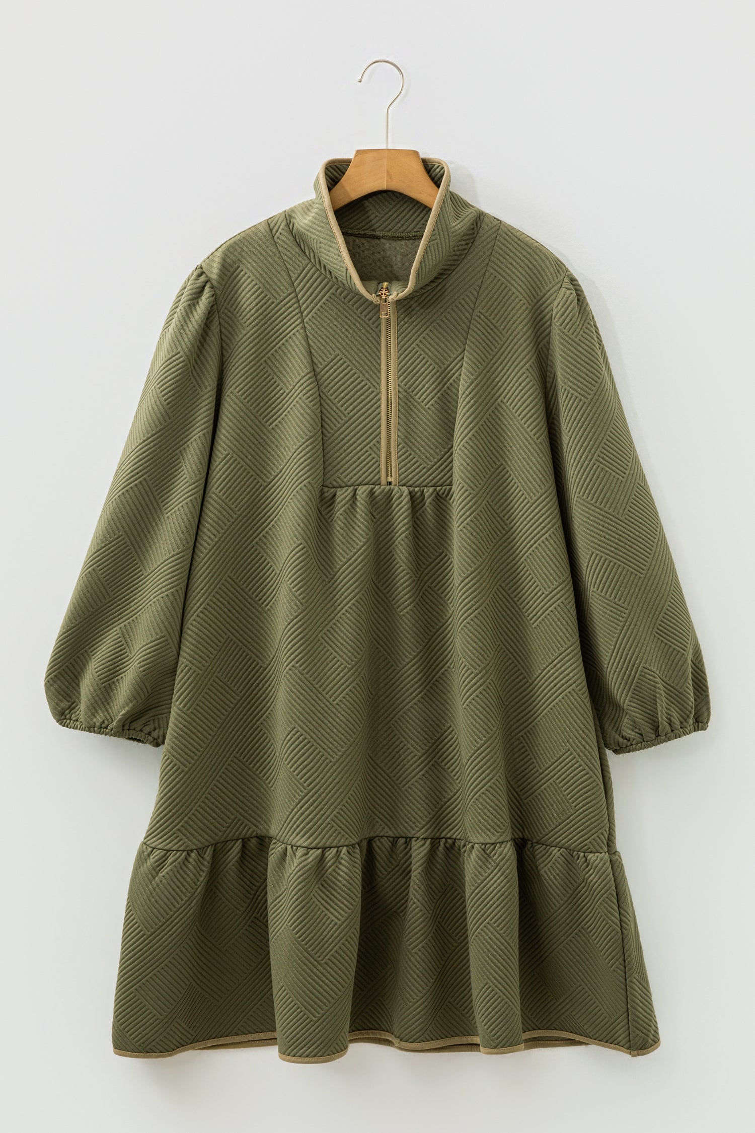 Jungle Green Plus Size Textured Contrast Trim Quarter Zip Bracelet Sleeve Mini Dress-Bracelet-[Adult]-[Female]-2022 Online Blue Zone Planet