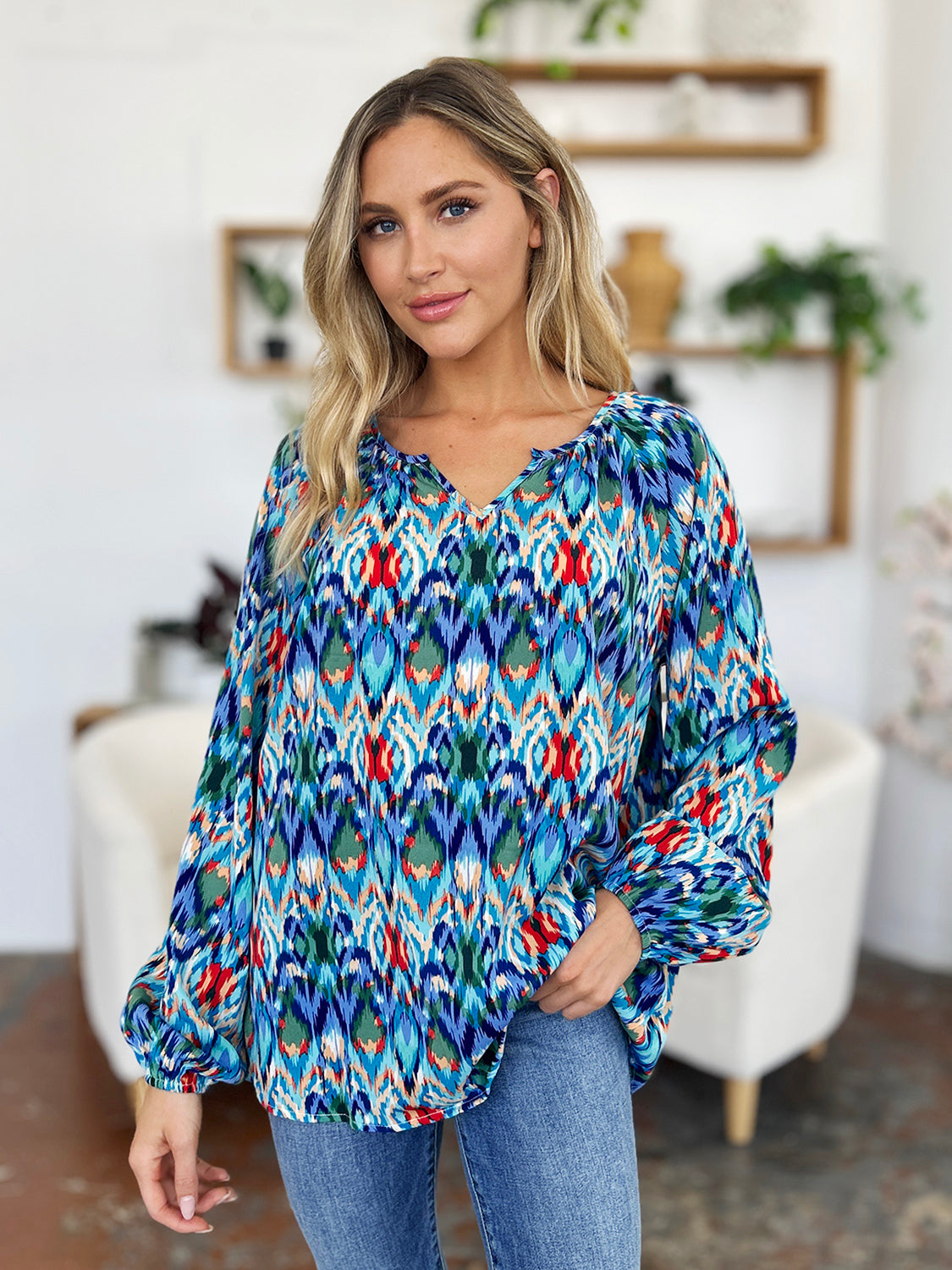 Blue Zone Planet | Double Take Full Size Printed Balloon Sleeve Blouse-TOPS / DRESSES-[Adult]-[Female]-2022 Online Blue Zone Planet