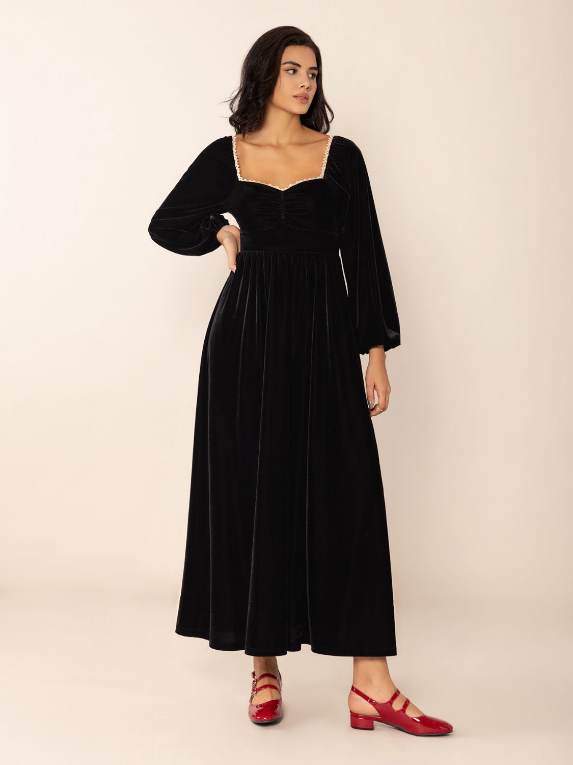 Sweetheart Neck Long Sleeve Midi Dress-TOPS / DRESSES-[Adult]-[Female]-2022 Online Blue Zone Planet