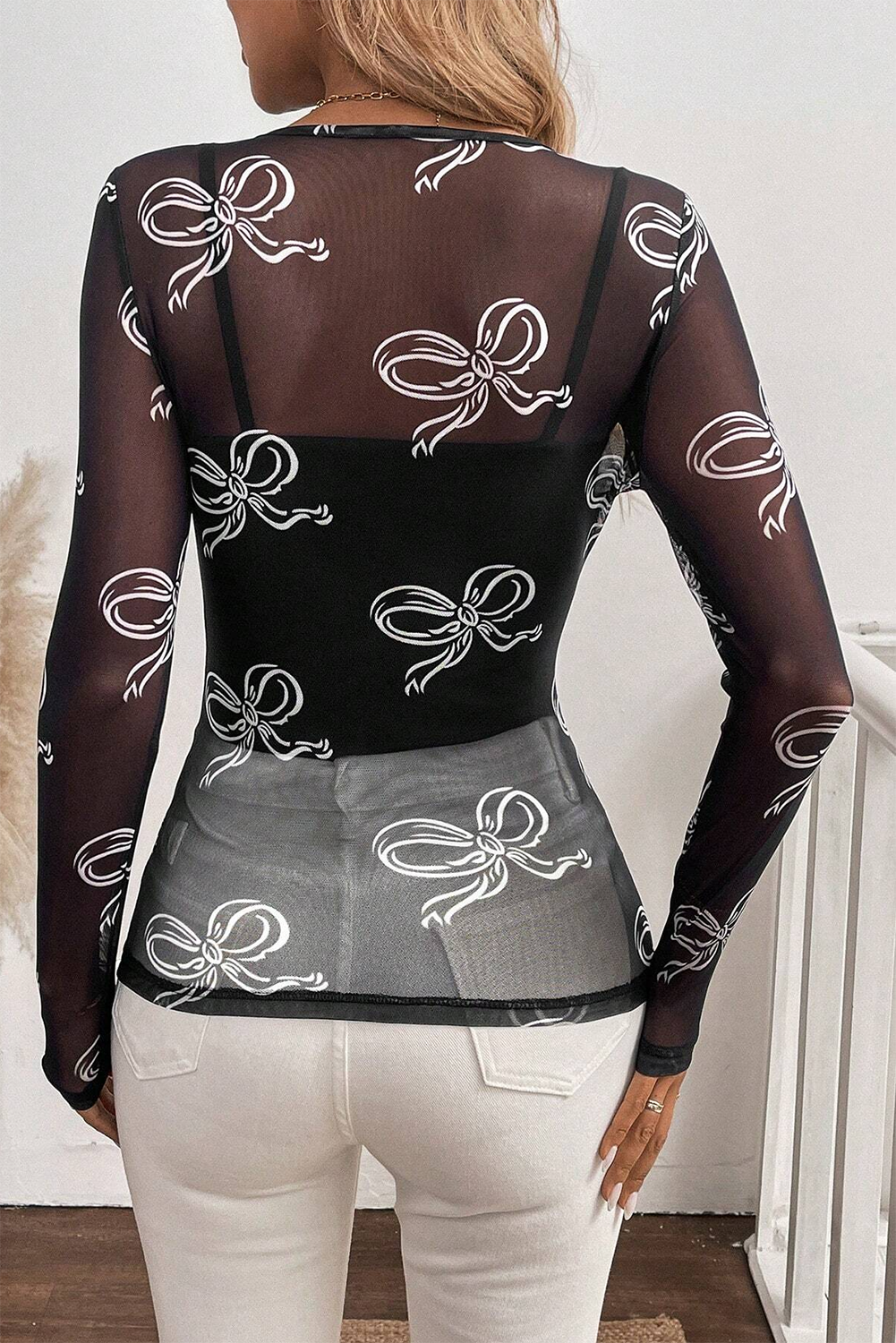 Black Round Neck Bow Print Long Sleeve Mesh Top-Tops/Long Sleeve Tops-[Adult]-[Female]-2022 Online Blue Zone Planet