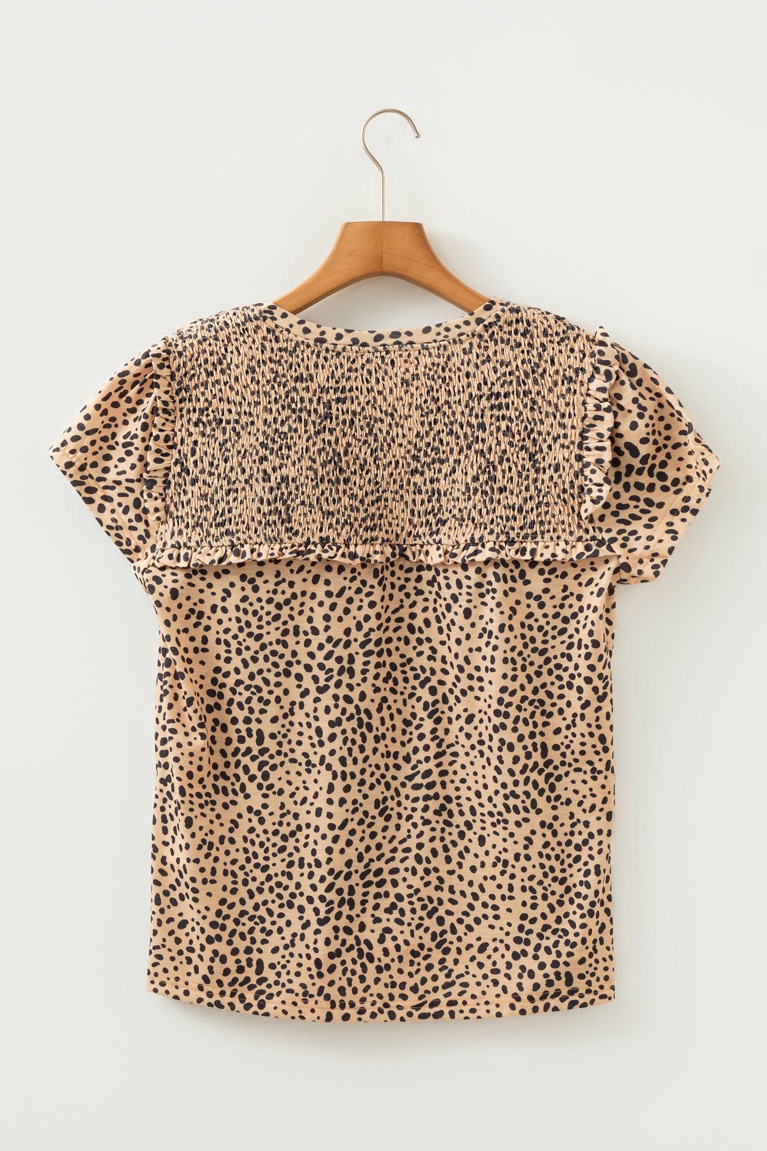 Apricot Cheeath Print Frilled V Neck Shirred Detail Short Sleeve Blouse-Tops/Blouses & Shirts-[Adult]-[Female]-2022 Online Blue Zone Planet