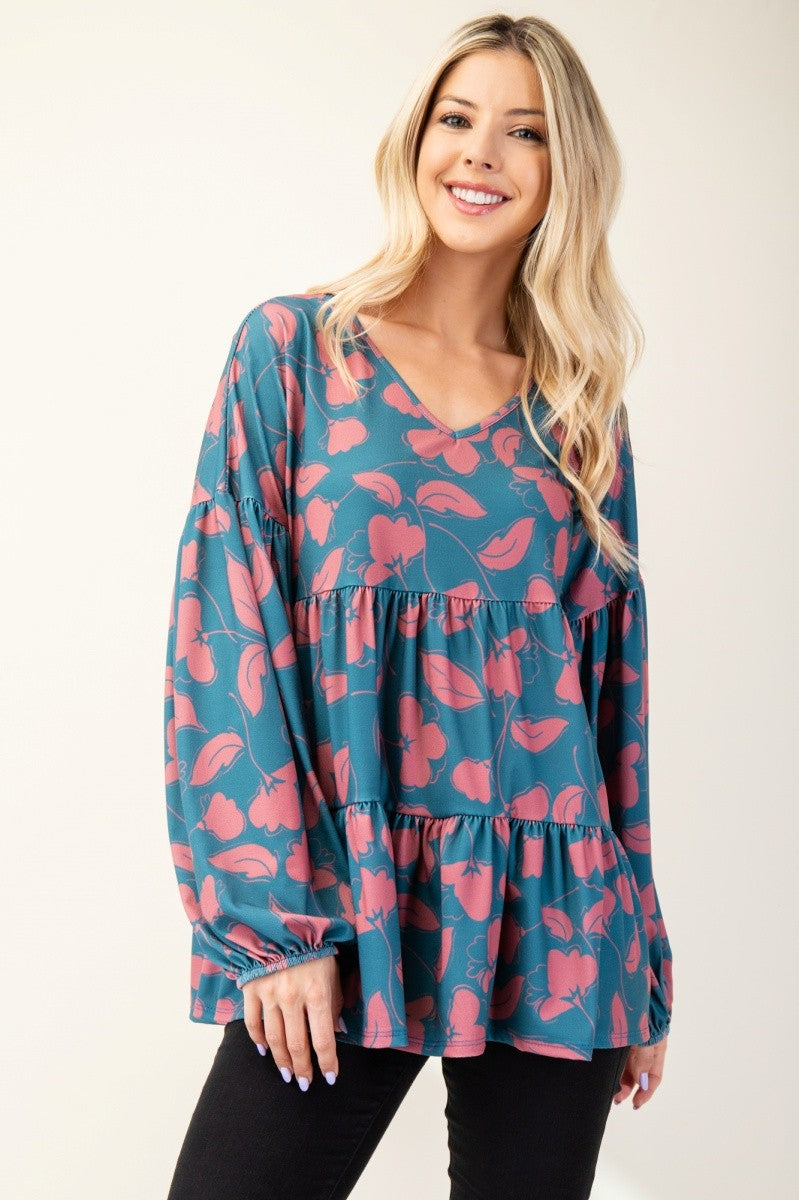 Celeste Full Size Tiered Floral V-Neck Long Sleeve Blouse-TOPS / DRESSES-[Adult]-[Female]-2022 Online Blue Zone Planet