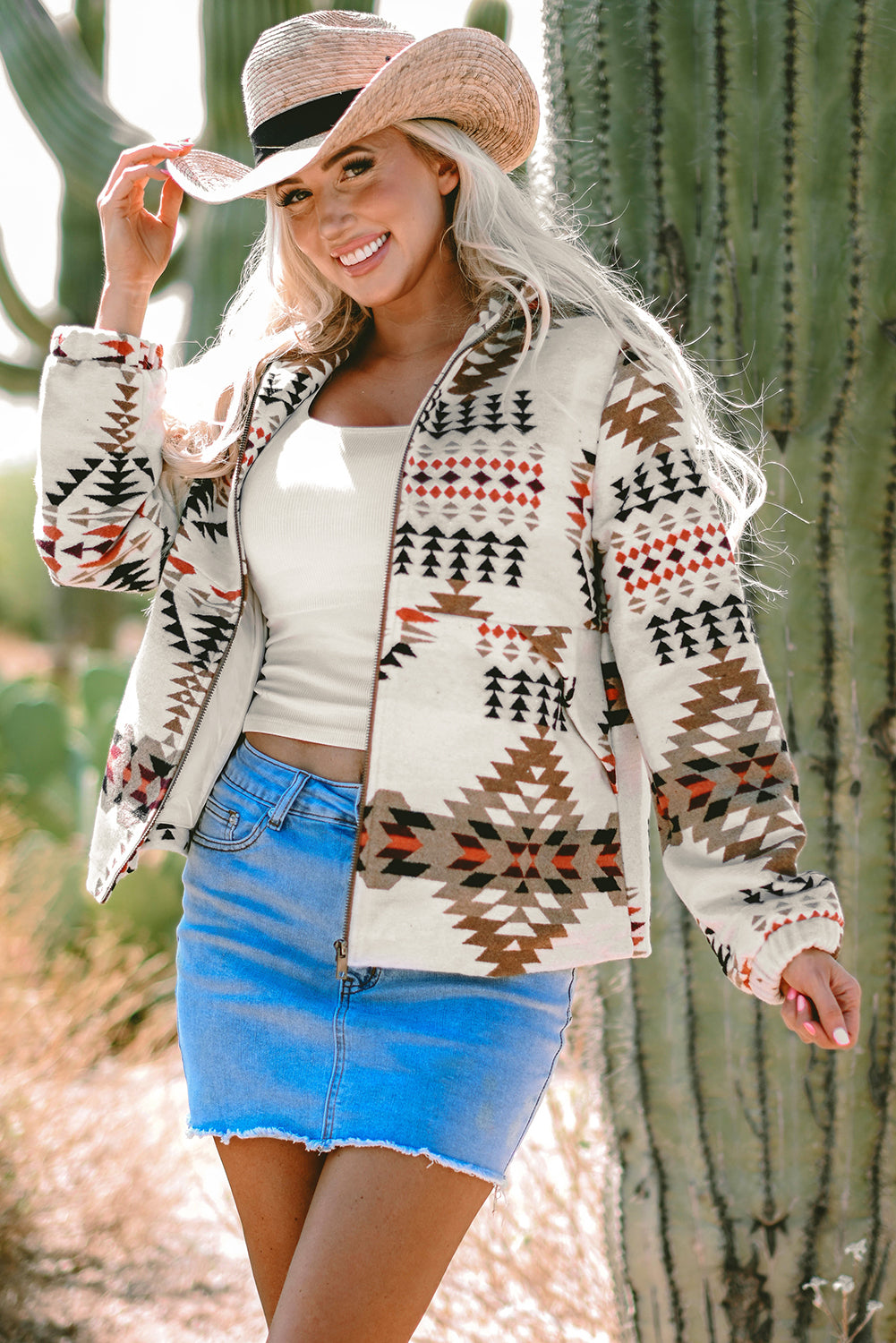 Blue Zone Planet | Beige Aztec Printed Stand Neck Zip Up Jacket-Outerwear/Jackets-[Adult]-[Female]-Beige-S-2022 Online Blue Zone Planet