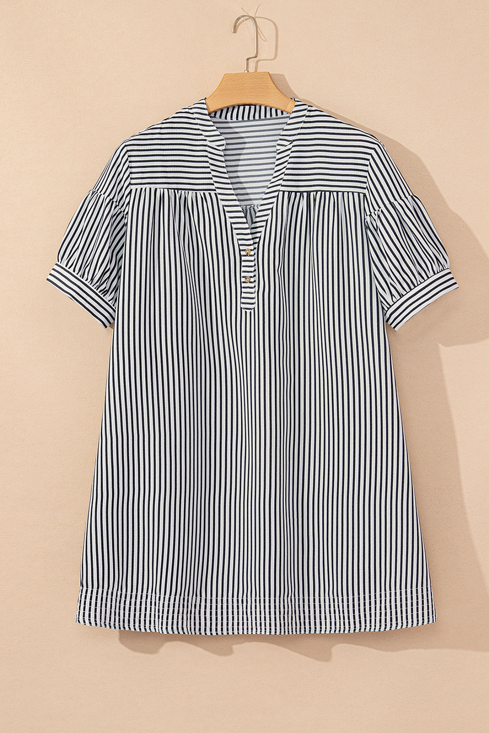 Black Stripe Buttoned V Neck Pocketed Plus Size Mini Dress-Plus Size Dresses-[Adult]-[Female]-2022 Online Blue Zone Planet