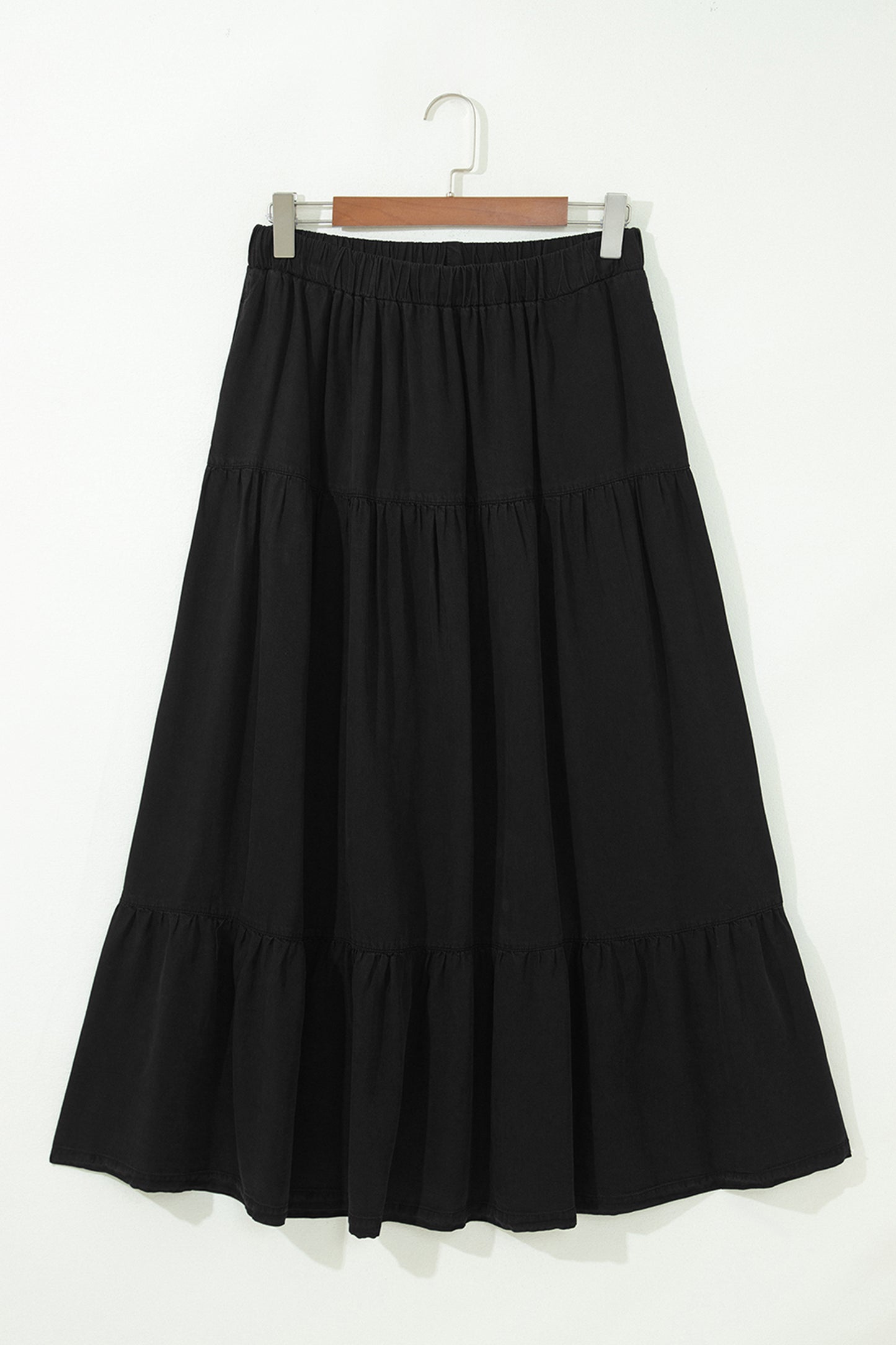 Black Elastic Waist Ruffled Tiered Flared Denim Maxi Skirt-Bottoms/Skirts & Petticoat-[Adult]-[Female]-2022 Online Blue Zone Planet