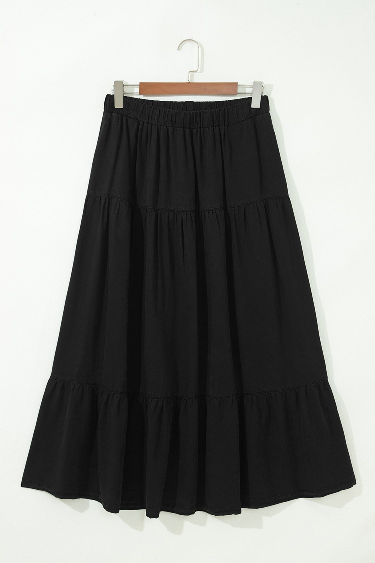 Black Elastic Waist Ruffled Tiered Flared Denim Maxi Skirt-Bottoms/Skirts & Petticoat-[Adult]-[Female]-2022 Online Blue Zone Planet