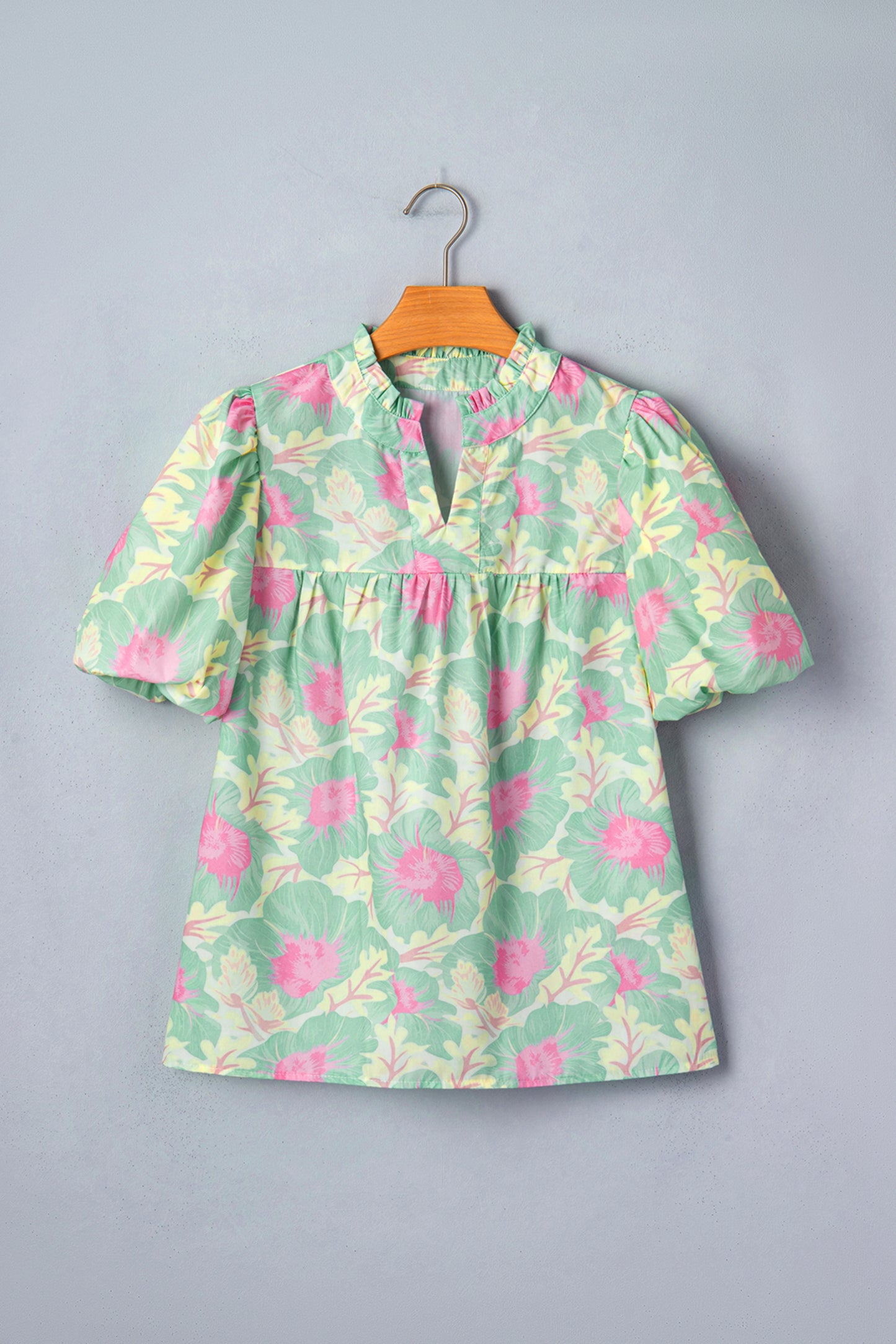 Yellow Short Bubble Sleeve Summer Floral Blouse-Tops/Blouses & Shirts-[Adult]-[Female]-2022 Online Blue Zone Planet