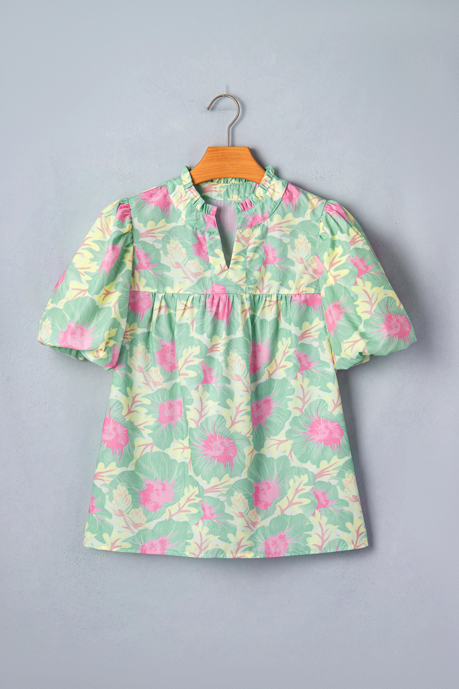 Yellow Short Bubble Sleeve Summer Floral Blouse-Tops/Blouses & Shirts-[Adult]-[Female]-2022 Online Blue Zone Planet