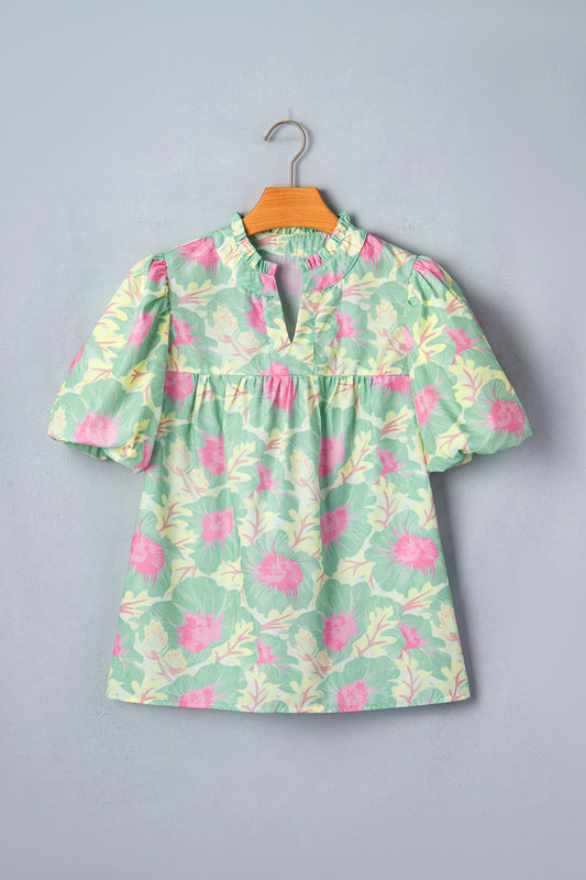 Yellow Short Bubble Sleeve Summer Floral Blouse-Tops/Blouses & Shirts-[Adult]-[Female]-2022 Online Blue Zone Planet