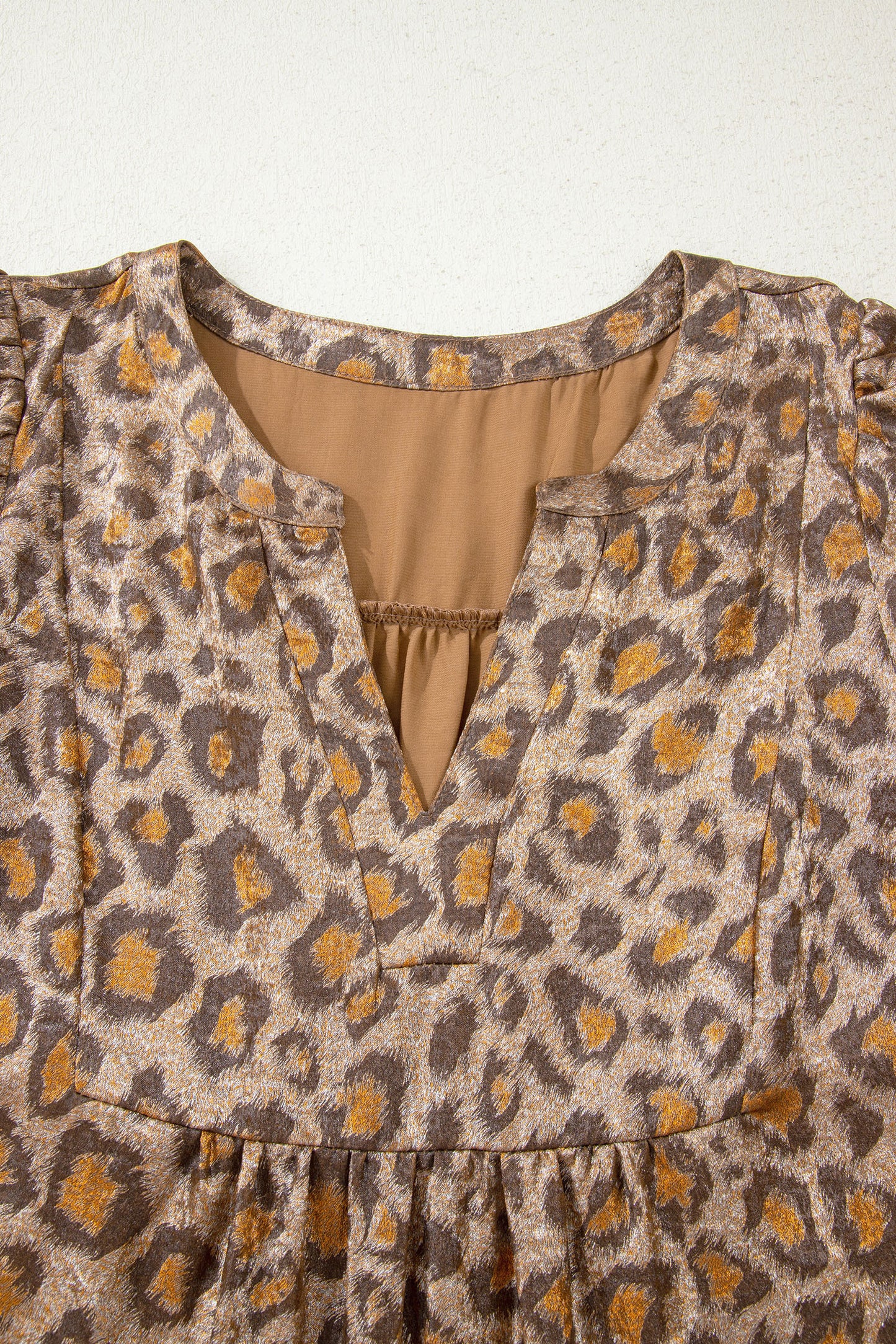 Khaki Leopard Print V Neck Ruffled Sleeve Tiered Loose Mini Dress-TOPS / DRESSES-[Adult]-[Female]-2022 Online Blue Zone Planet