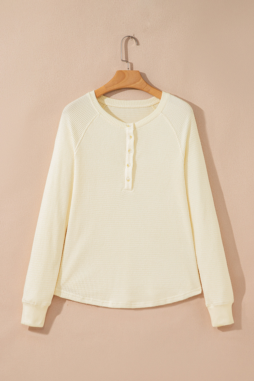 Oatmeal Textured Knit Half Buttons Henley Top-Tops/Long Sleeve Tops-[Adult]-[Female]-2022 Online Blue Zone Planet