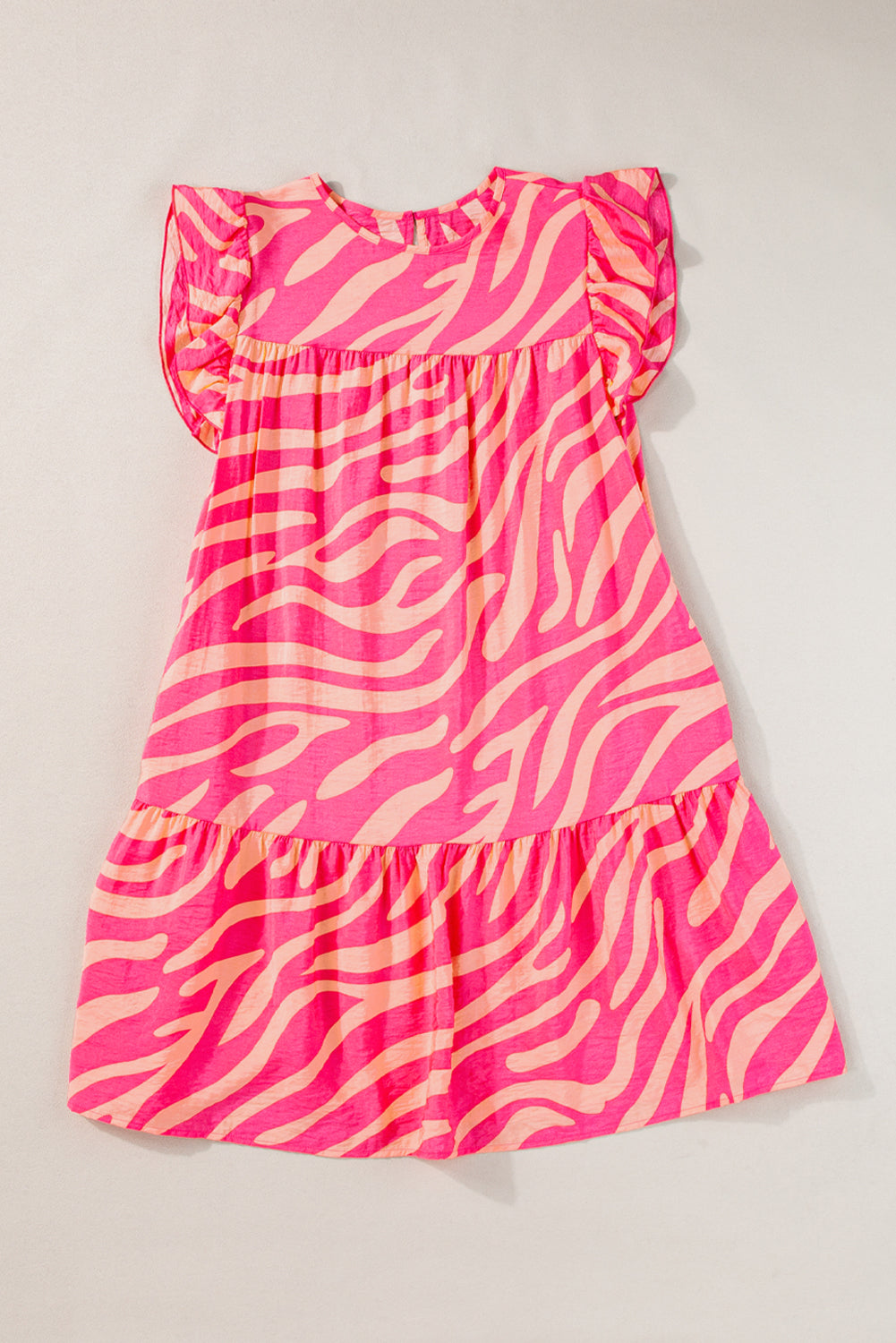 Pink Zebra Stripe Printed Ruffle Trim Pocketed Dress Blue Zone Planet