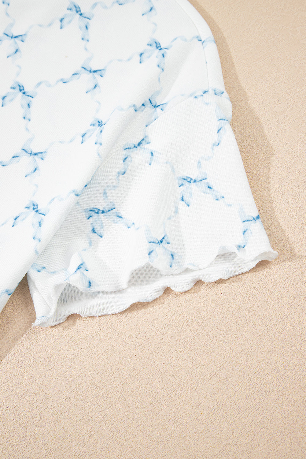 Sky Blue Bow Knot Geometric Print Lettuce Trim Two Piece Lounge Set-Loungewear & Sleepwear/Loungewear-[Adult]-[Female]-2022 Online Blue Zone Planet