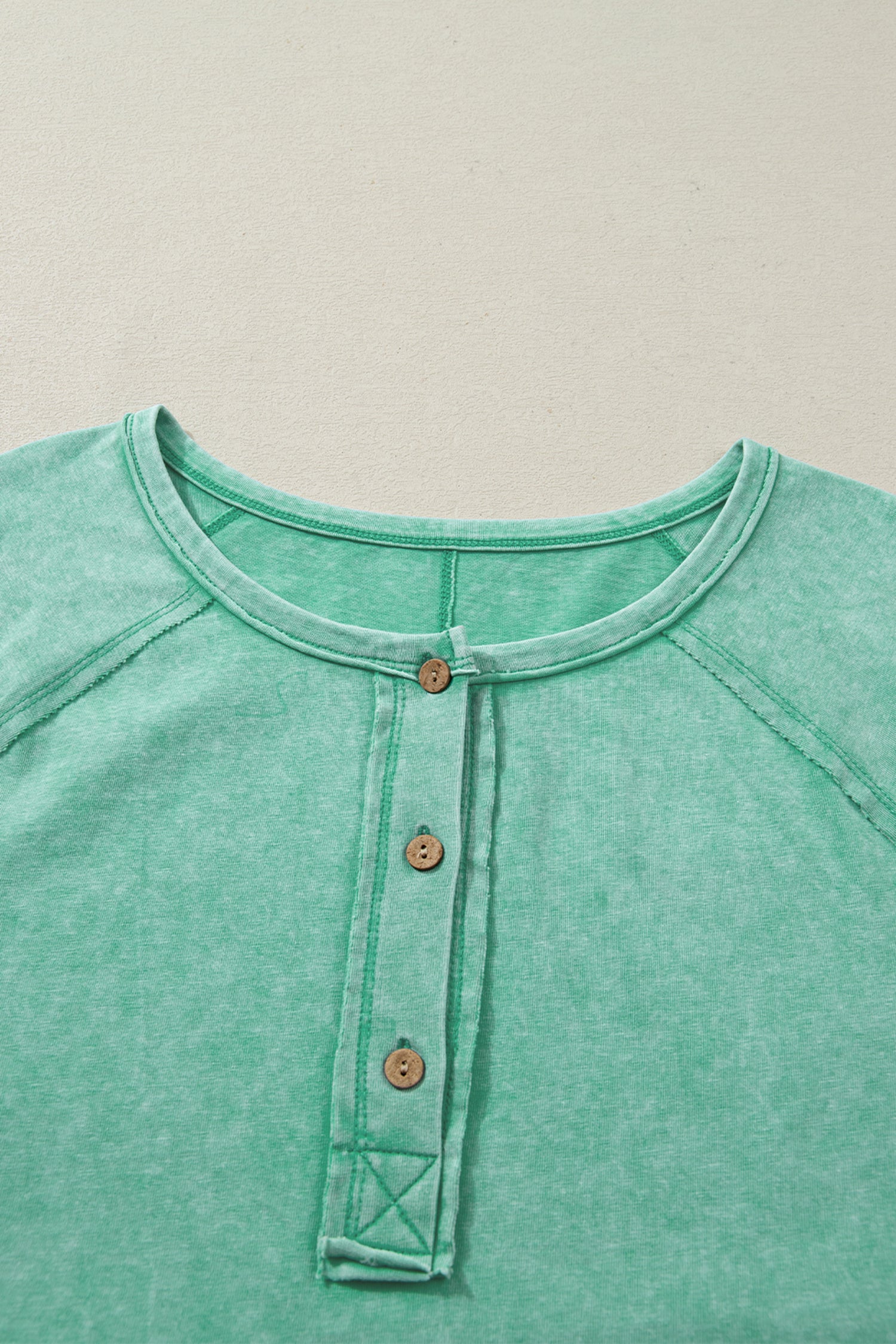 Mint Green Half Buttons Raw Seam Raglan Sleeve Mineral Wash T Shirt-Tops/Tops & Tees-[Adult]-[Female]-2022 Online Blue Zone Planet
