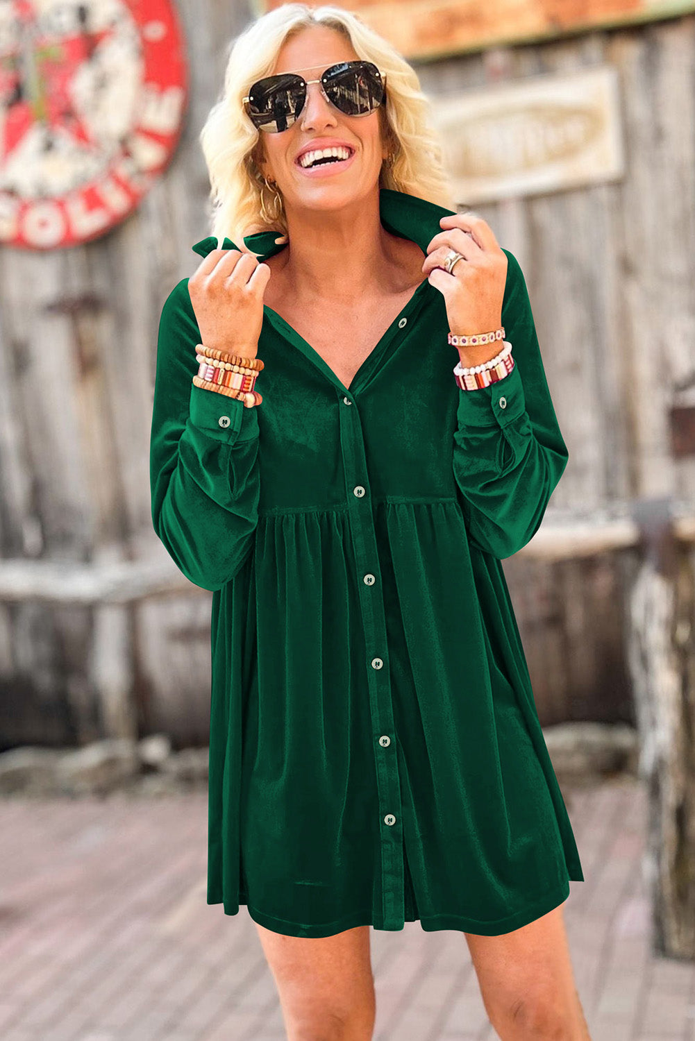 Blue Zone Planet | Green Long Sleeve Ruffle Velvet Button Up Dress-TOPS / DRESSES-[Adult]-[Female]-2022 Online Blue Zone Planet