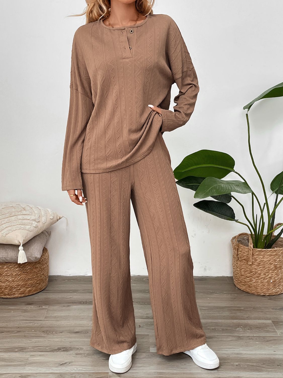 Perfee Quarter Button Long Sleeve Top and Pants Set-TOPS / DRESSES-[Adult]-[Female]-2022 Online Blue Zone Planet