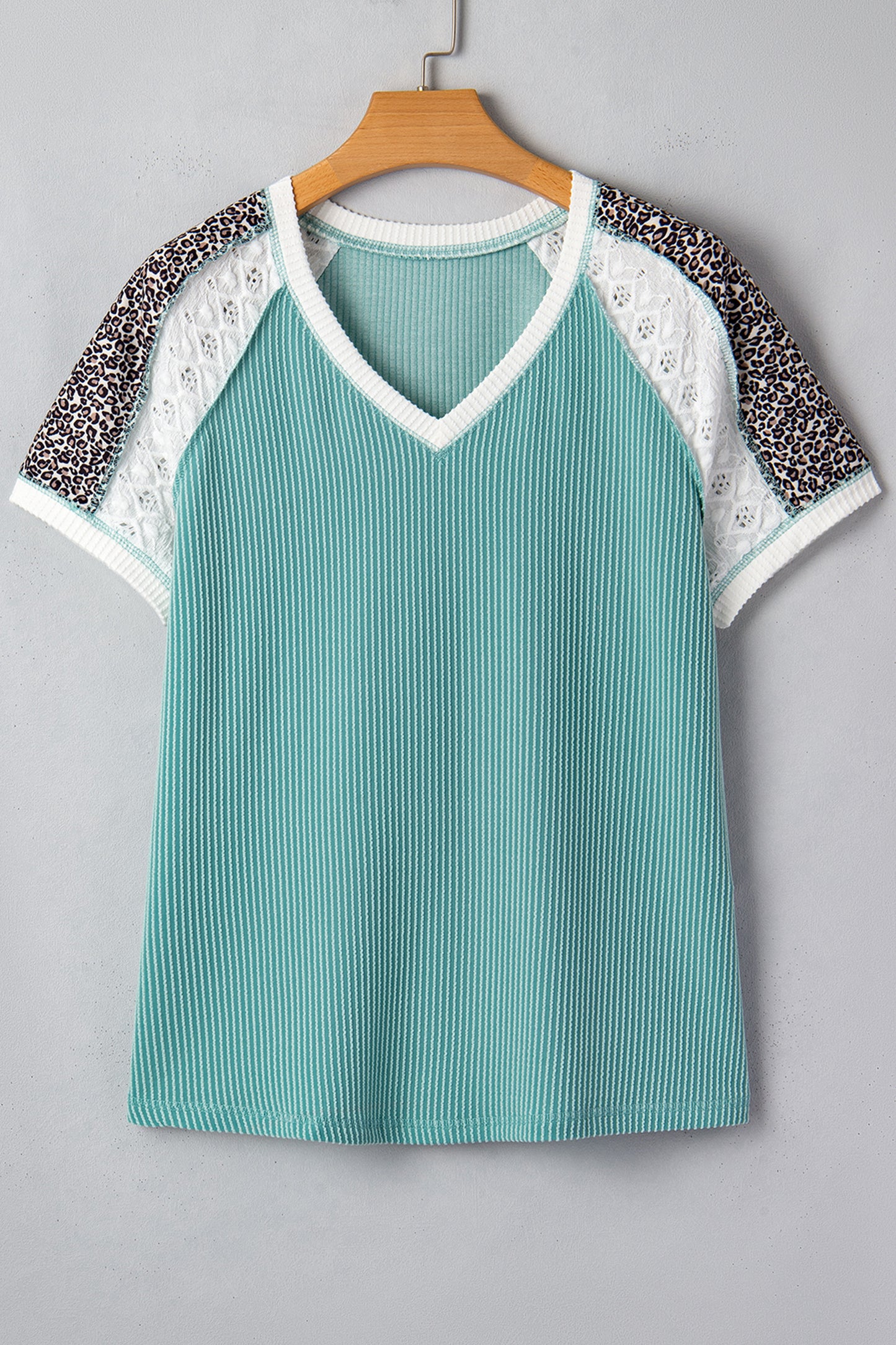 Green Bay Color Block Lace Leopard Patchwork Twisted Ribbed Tee