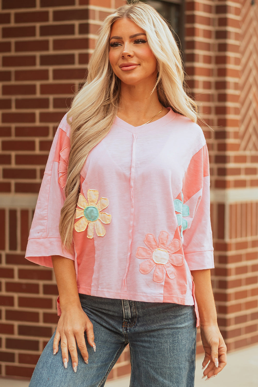 Pink Flower Patched Exposed Seam Bracelet Sleeve Oversized T Shirt-Bracelet-[Adult]-[Female]-2022 Online Blue Zone Planet