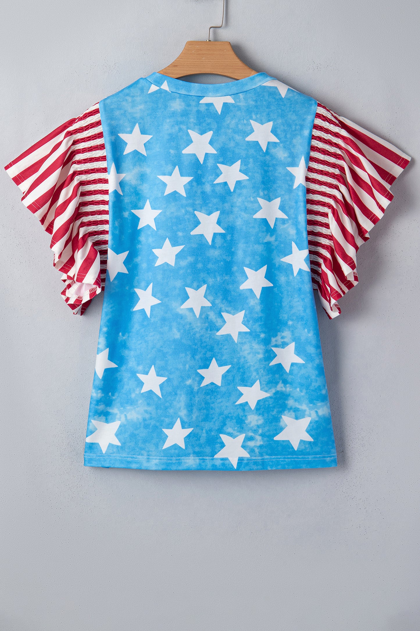 Sky Blue Vintage Star Print Striped Ruffle Sleeve Independence Day Top-Tops/Tops & Tees-[Adult]-[Female]-2022 Online Blue Zone Planet