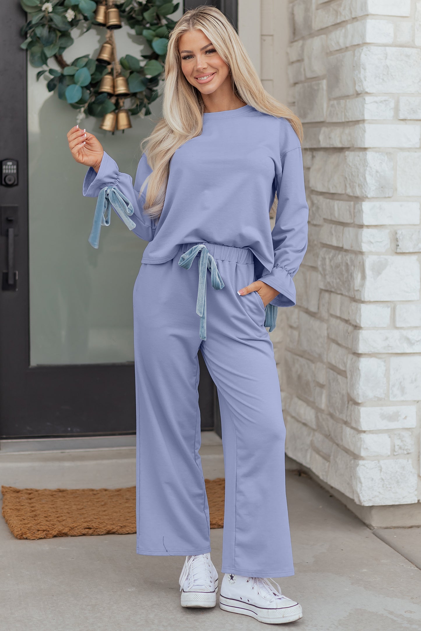 Beau Blue Flounce Long Sleeve Top Drawstring Pants Contrast Velvet Bow Knot 2pcs Lounge Set-Loungewear & Sleepwear/Loungewear-[Adult]-[Female]-2022 Online Blue Zone Planet