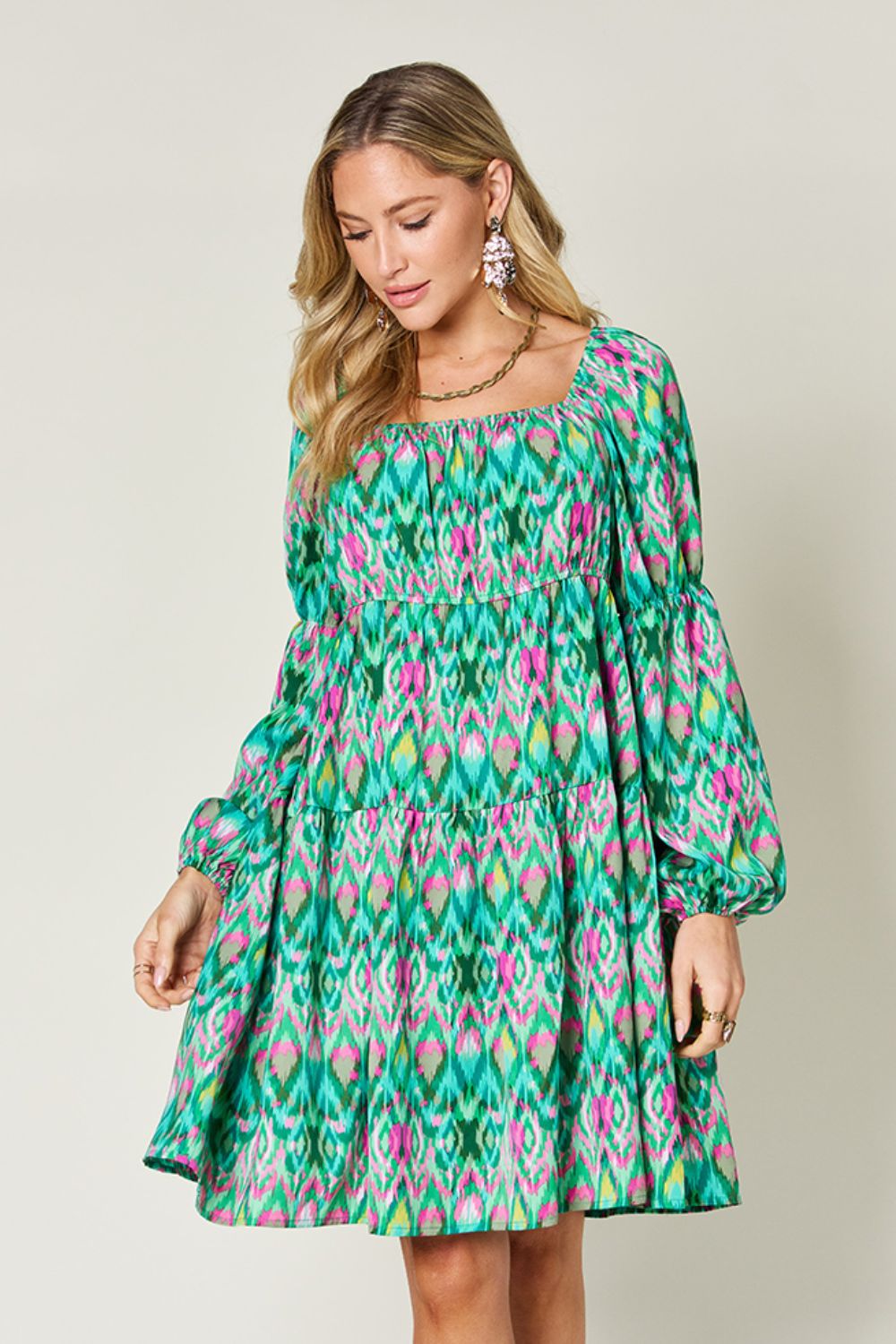 Double Take Full Size Printed Long Sleeve Dress-TOPS / DRESSES-[Adult]-[Female]-2022 Online Blue Zone Planet