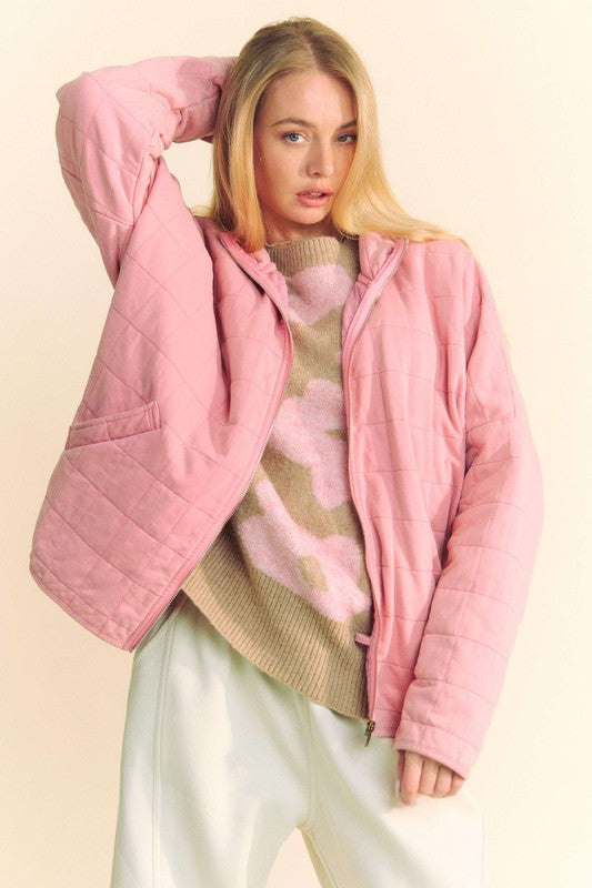 Davi & Dani Quilted Zip Up Dropped Shoulder Jacket-TOPS / DRESSES-[Adult]-[Female]-Dusty Rose-S-2022 Online Blue Zone Planet