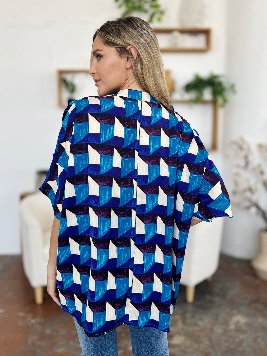 Double Take Full Size Geometric Notched Half Sleeve Blouse-TOPS / DRESSES-[Adult]-[Female]-2022 Online Blue Zone Planet