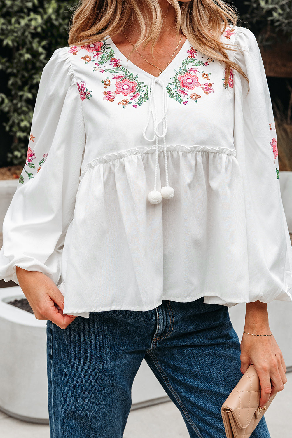 White Flower Lace-Up V Neck Babydoll Blouse-Tops/Blouses & Shirts-[Adult]-[Female]-2022 Online Blue Zone Planet