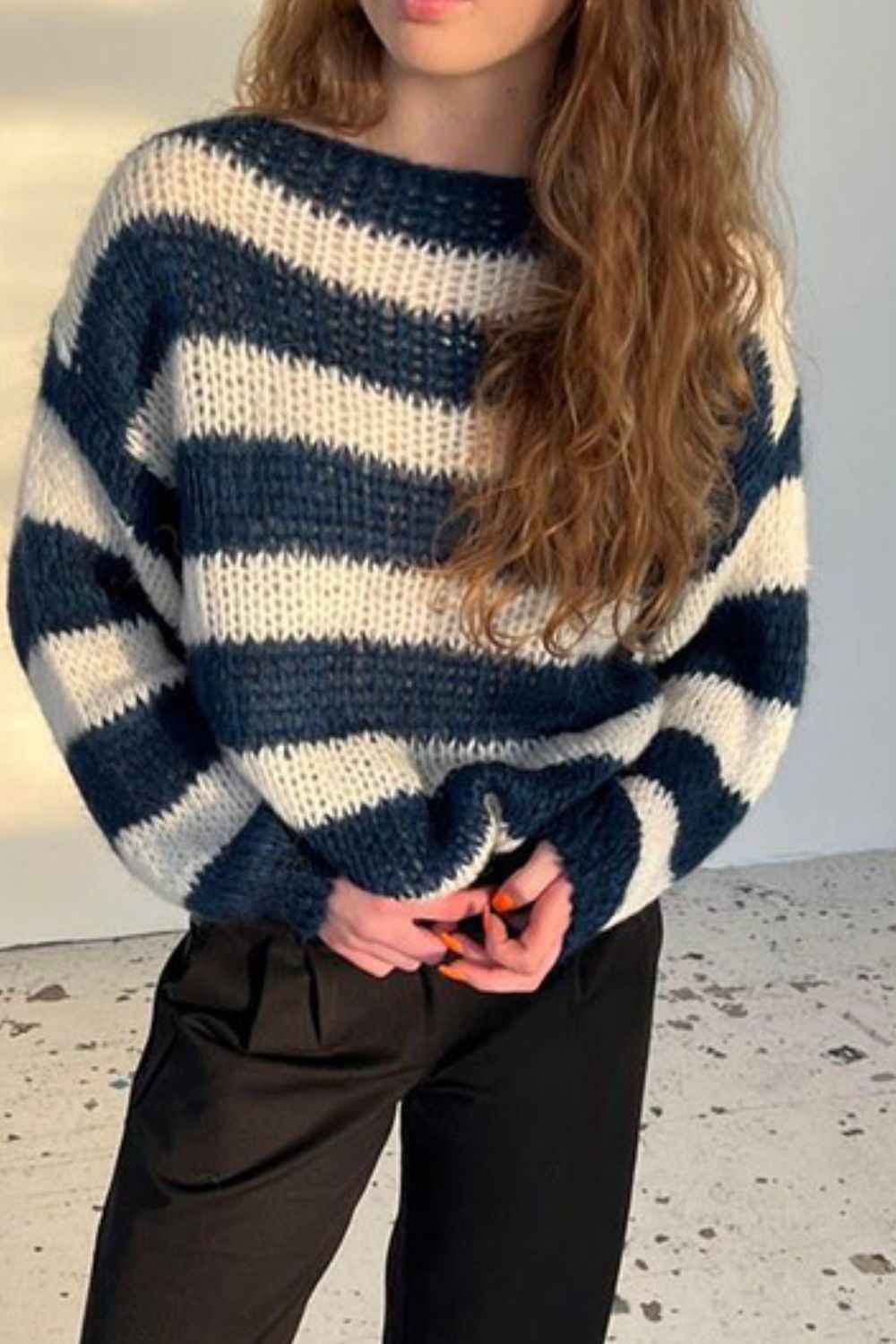 Contrast Striped Boat Neck Long Sleeve Sweater-TOPS / DRESSES-[Adult]-[Female]-2022 Online Blue Zone Planet