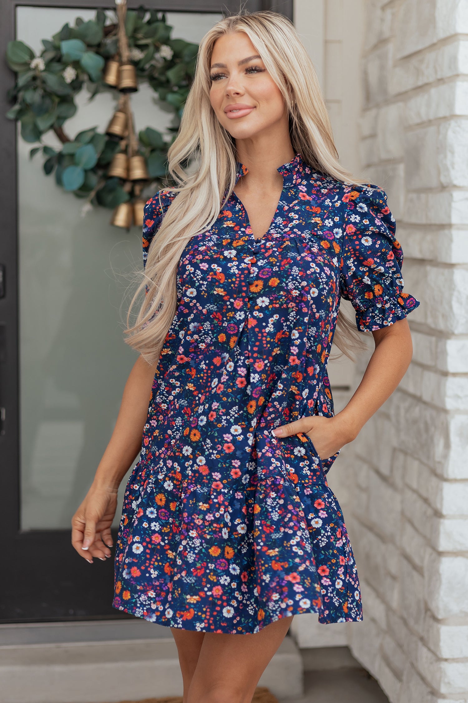 Blue Wild Daisy Floral Split Neck Short Puff Sleeve Mini Dress-TOPS / DRESSES-[Adult]-[Female]-2022 Online Blue Zone Planet