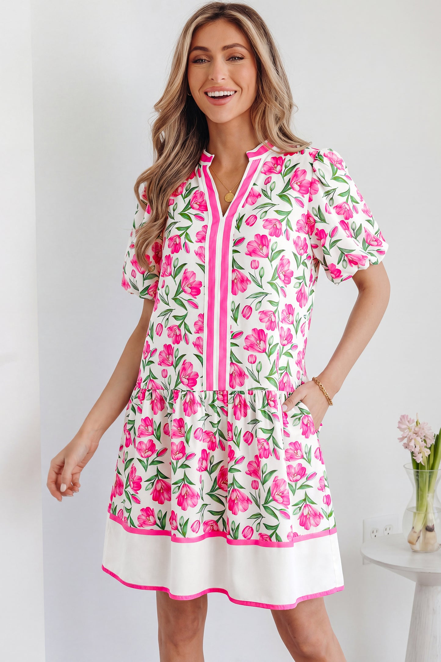 Multicolour Sweet Floral Print Striped Color Block Trim Short Dress-Dresses/Floral Dresses-[Adult]-[Female]-2022 Online Blue Zone Planet