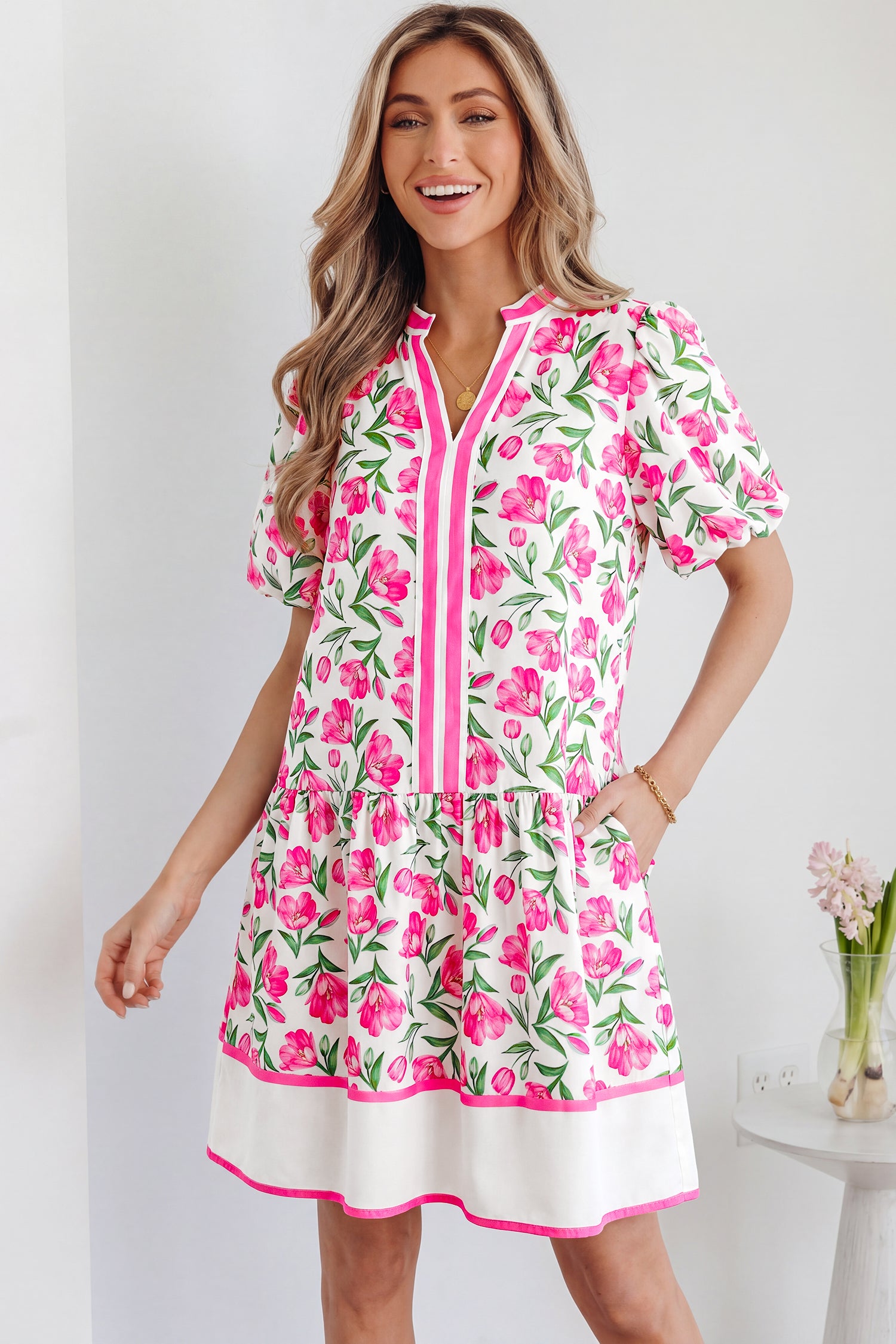 Multicolour Sweet Floral Print Striped Color Block Trim Short Dress-Dresses/Floral Dresses-[Adult]-[Female]-2022 Online Blue Zone Planet