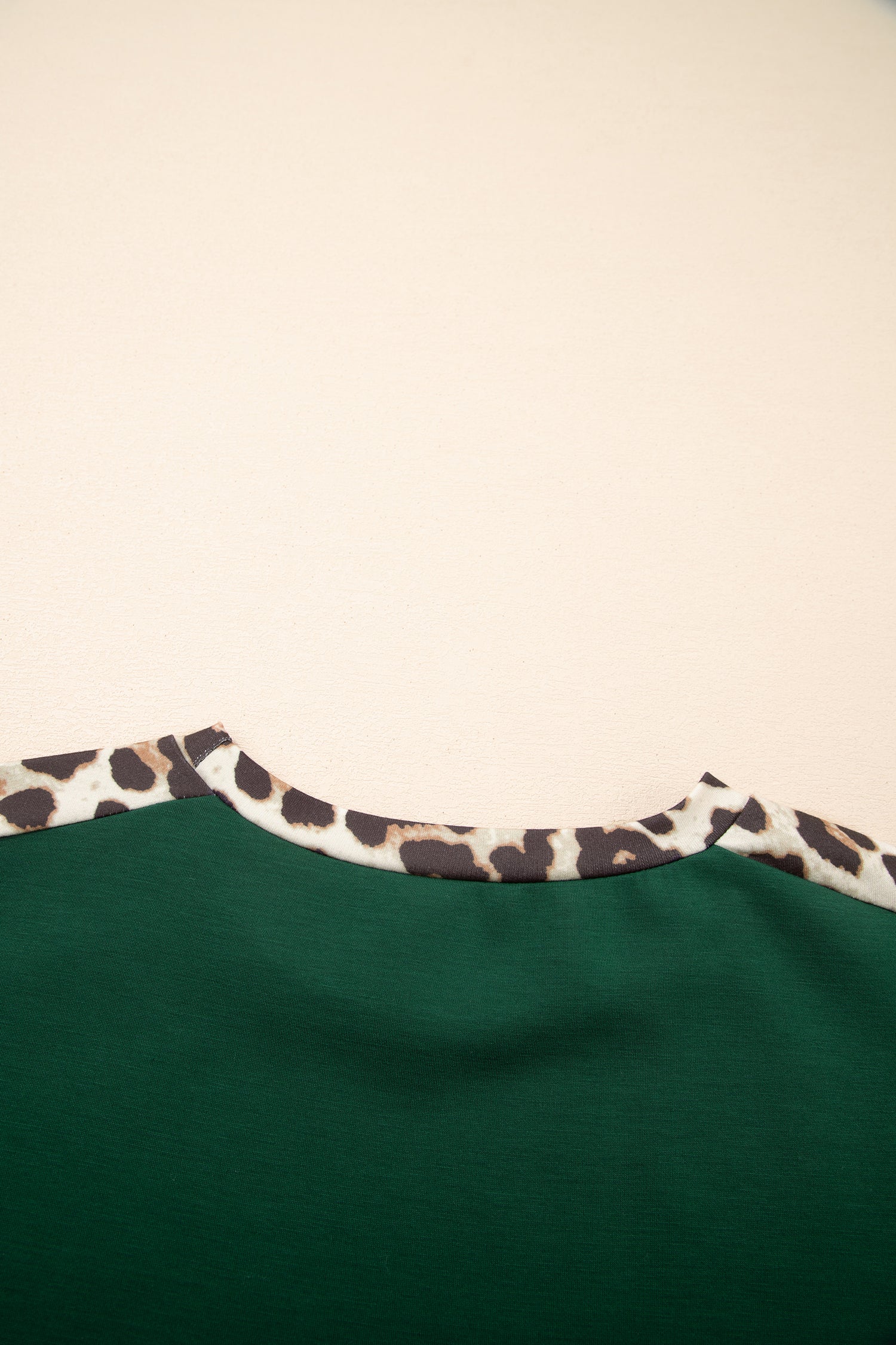 Sea Green Leopard Trim Round Neck Loose T Shirt-Tops/Tops & Tees-[Adult]-[Female]-2022 Online Blue Zone Planet