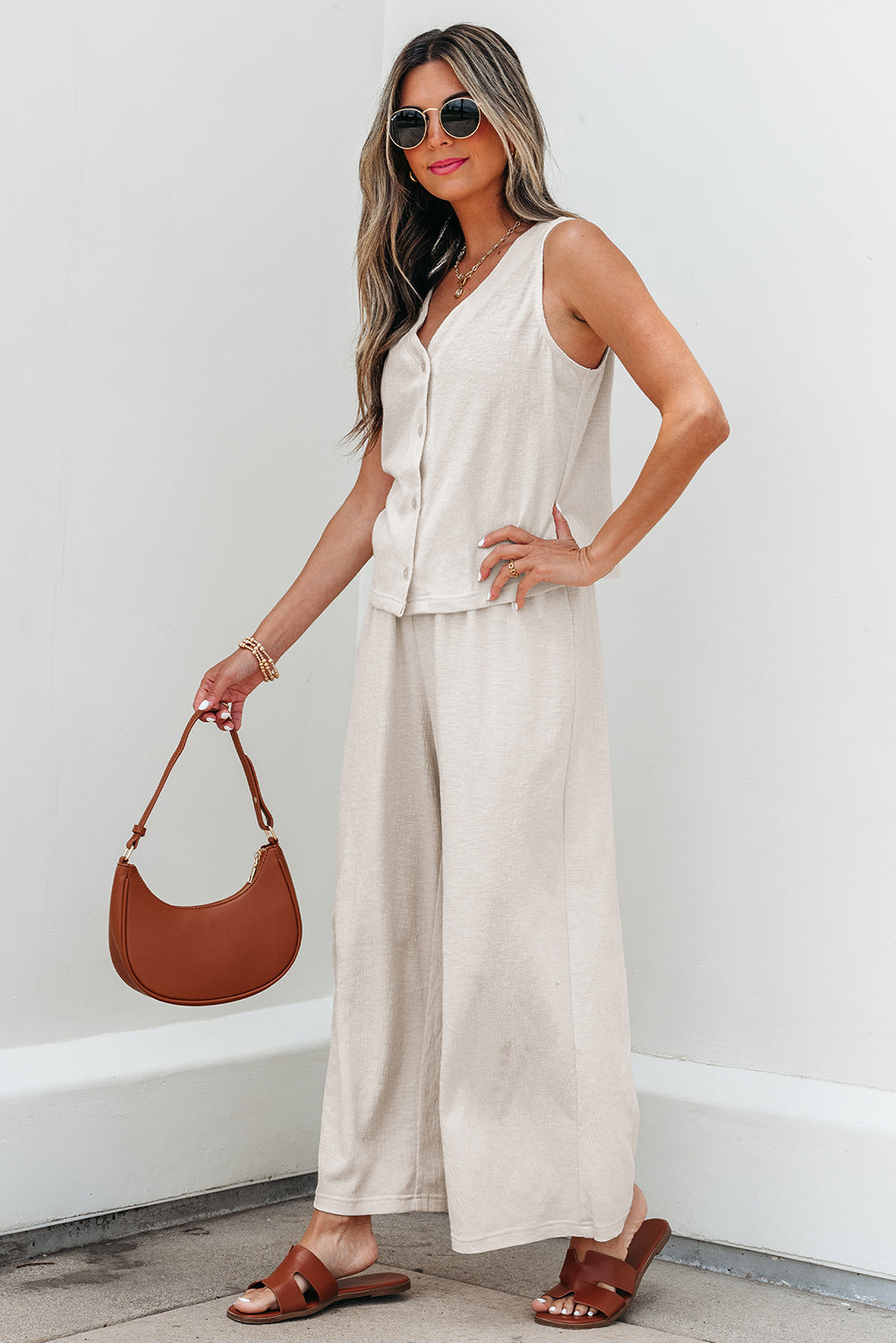 Apricot Buttoned V Neck Tank Top and Wide Leg Pants Casual Outfit-Two Piece Sets/Pant Sets-[Adult]-[Female]-2022 Online Blue Zone Planet