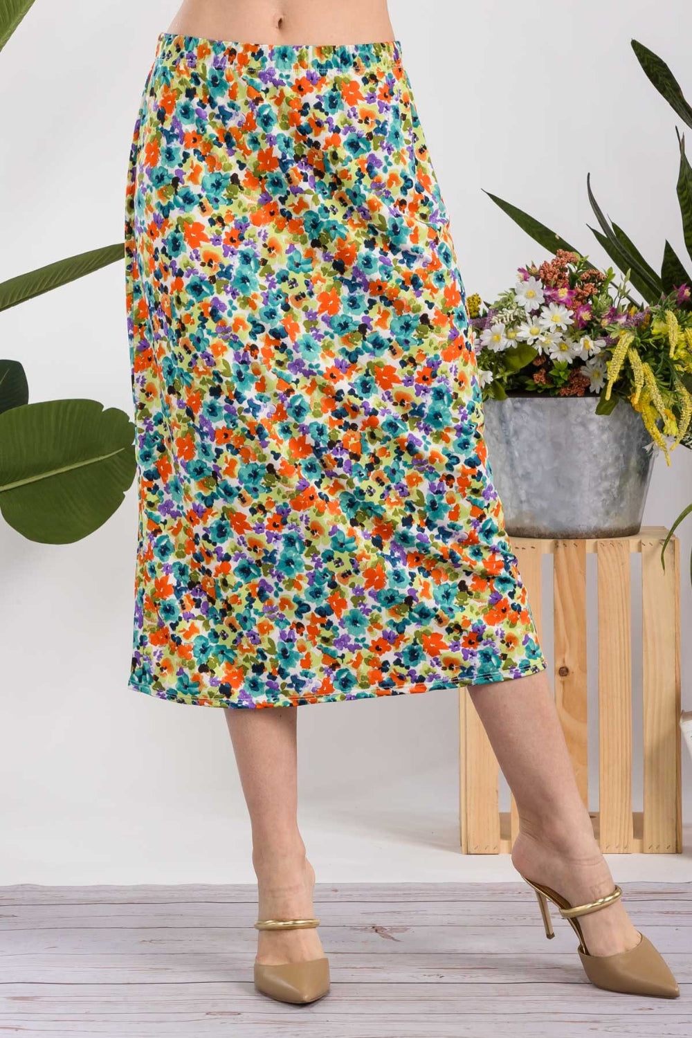 Celeste Full Size Floral A-Line Midi Skirt-BOTTOMS SIZES SMALL MEDIUM LARGE-[Adult]-[Female]-Green Floral-S-2022 Online Blue Zone Planet