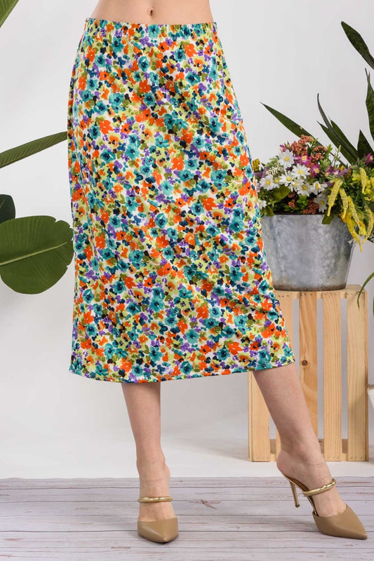 Celeste Full Size Floral A-Line Midi Skirt-BOTTOMS SIZES SMALL MEDIUM LARGE-[Adult]-[Female]-Green Floral-S-2022 Online Blue Zone Planet