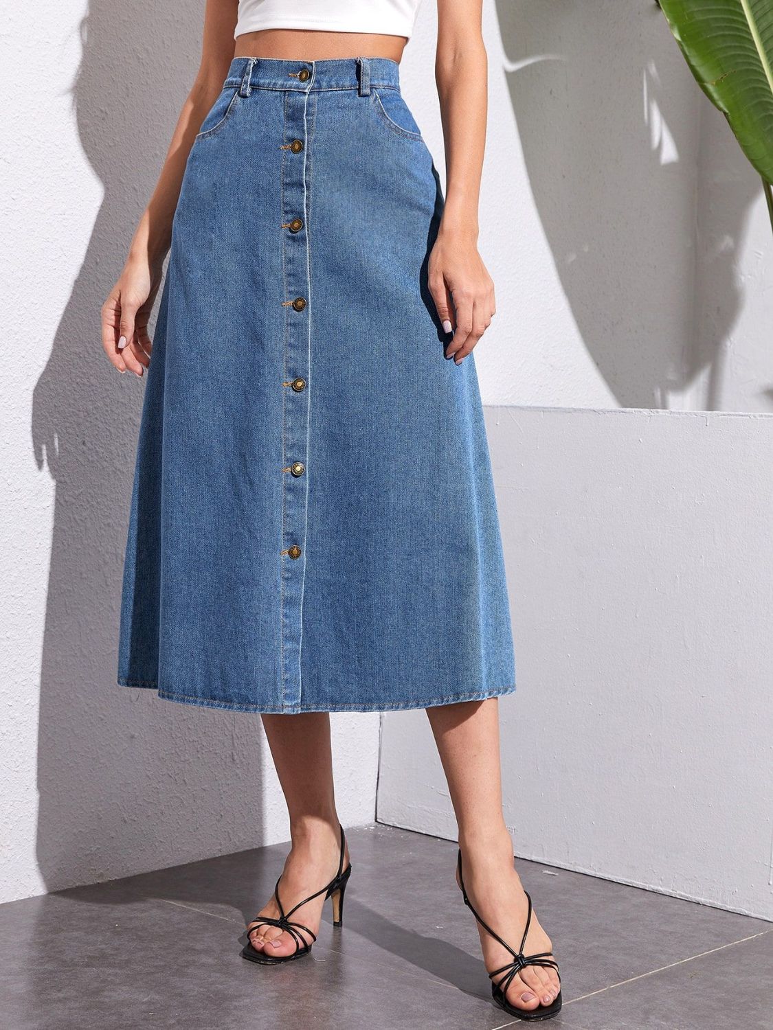 Buttoned Midi Denim Skirt with Pockets-BOTTOM SIZES SMALL MEDIUM LARGE-[Adult]-[Female]-Medium-XS-2022 Online Blue Zone Planet