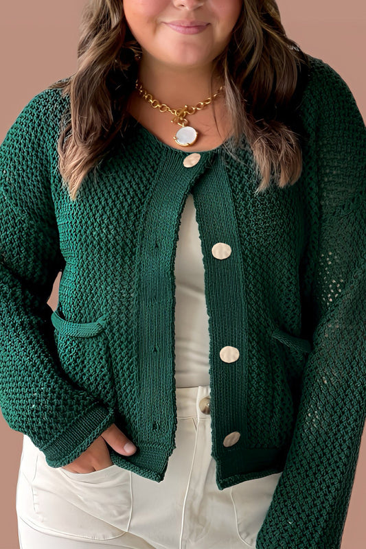 Blackish Green Plus Size Golden Accent Buttons Short Sweater Cardigan-Plus Size/Plus Size Sweaters & Cardigans-[Adult]-[Female]-2022 Online Blue Zone Planet
