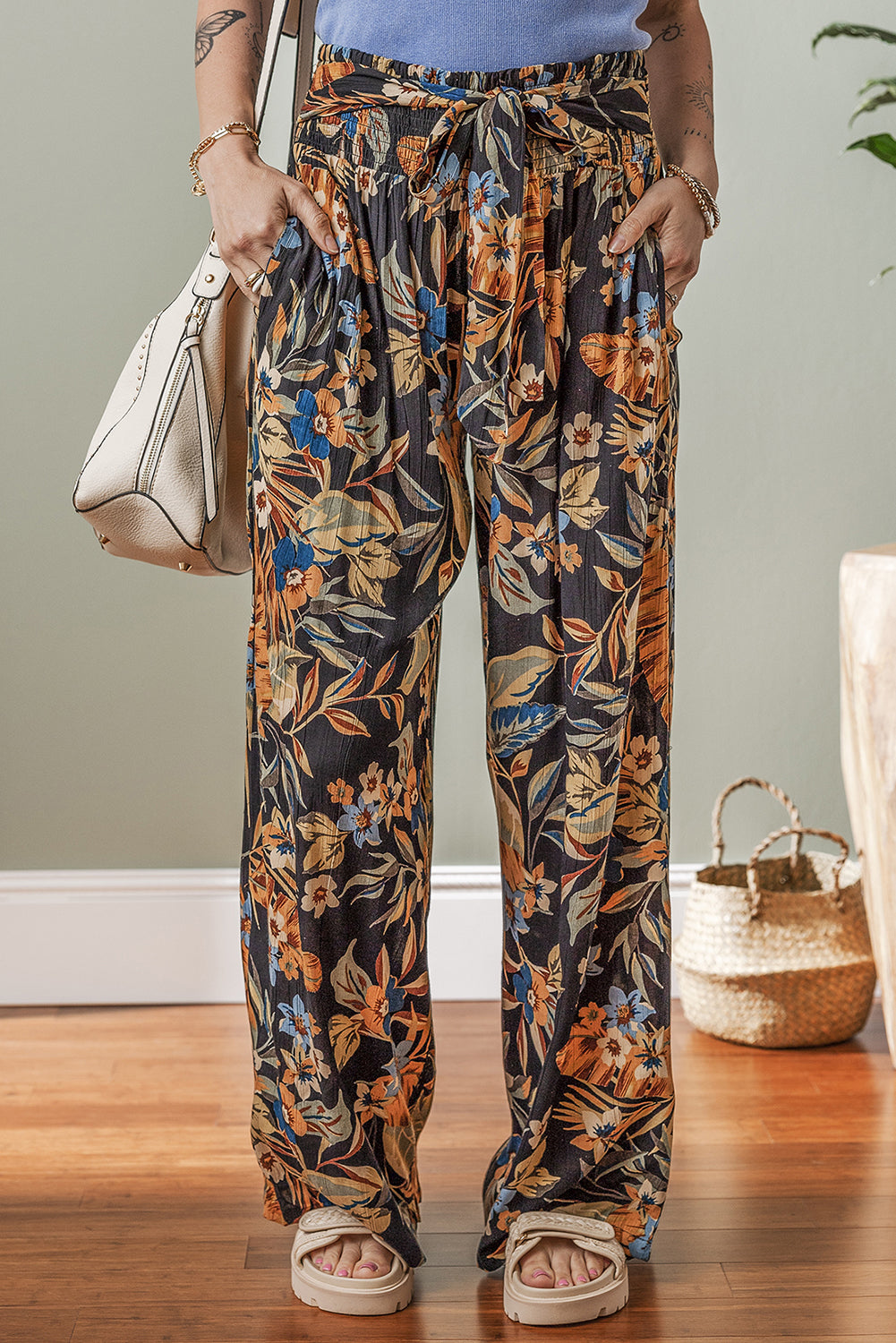 Multicolour Floral Shirred High Waist Wide Leg Pants with Tie-Bottoms/Pants & Culotte-[Adult]-[Female]-2022 Online Blue Zone Planet