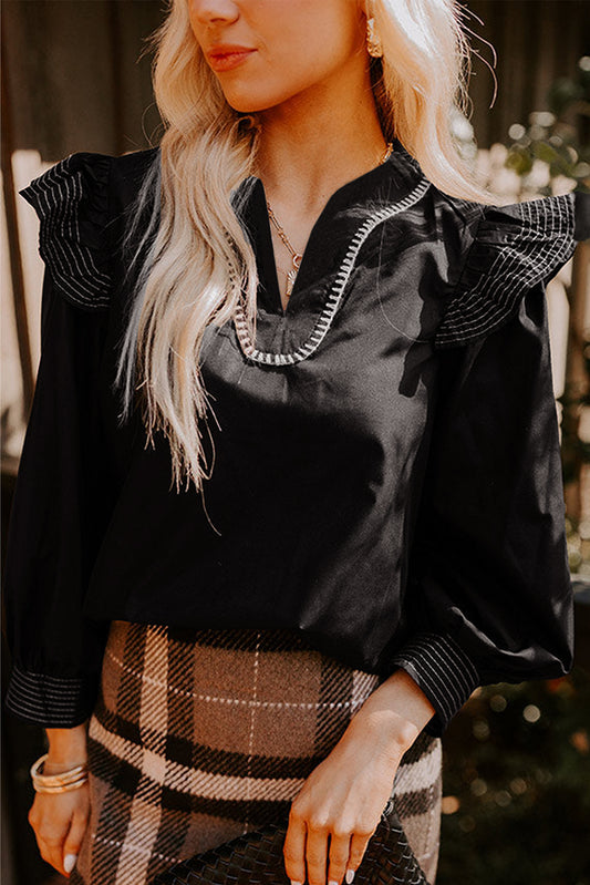 Black Contrast Stitched Detail V Neck Ruffle Long Sleeve Blouse-Tops/Blouses & Shirts-[Adult]-[Female]-Black-S-2022 Online Blue Zone Planet