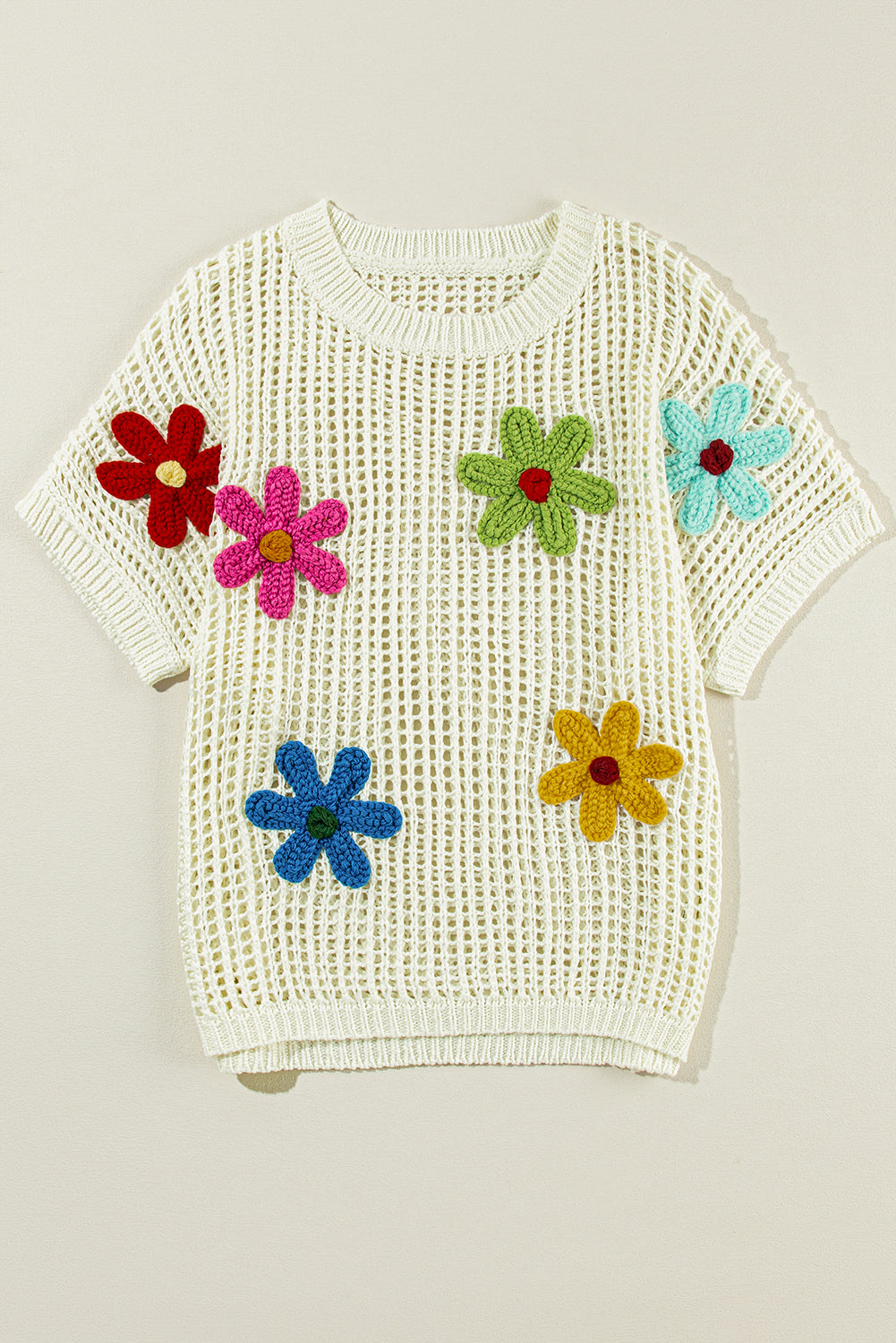 White Crochet Flower Hollow-out Sweater T Shirt-Sweaters & Cardigans/Short Sleeve Sweaters-[Adult]-[Female]-2022 Online Blue Zone Planet