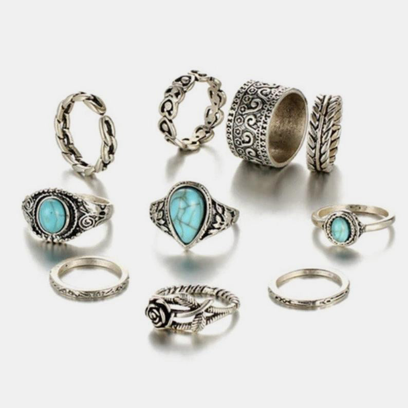 Artificial Turquoise Alloy Ring 10-Piece Set-RINGS-[Adult]-[Female]-Silver-One Size-2022 Online Blue Zone Planet