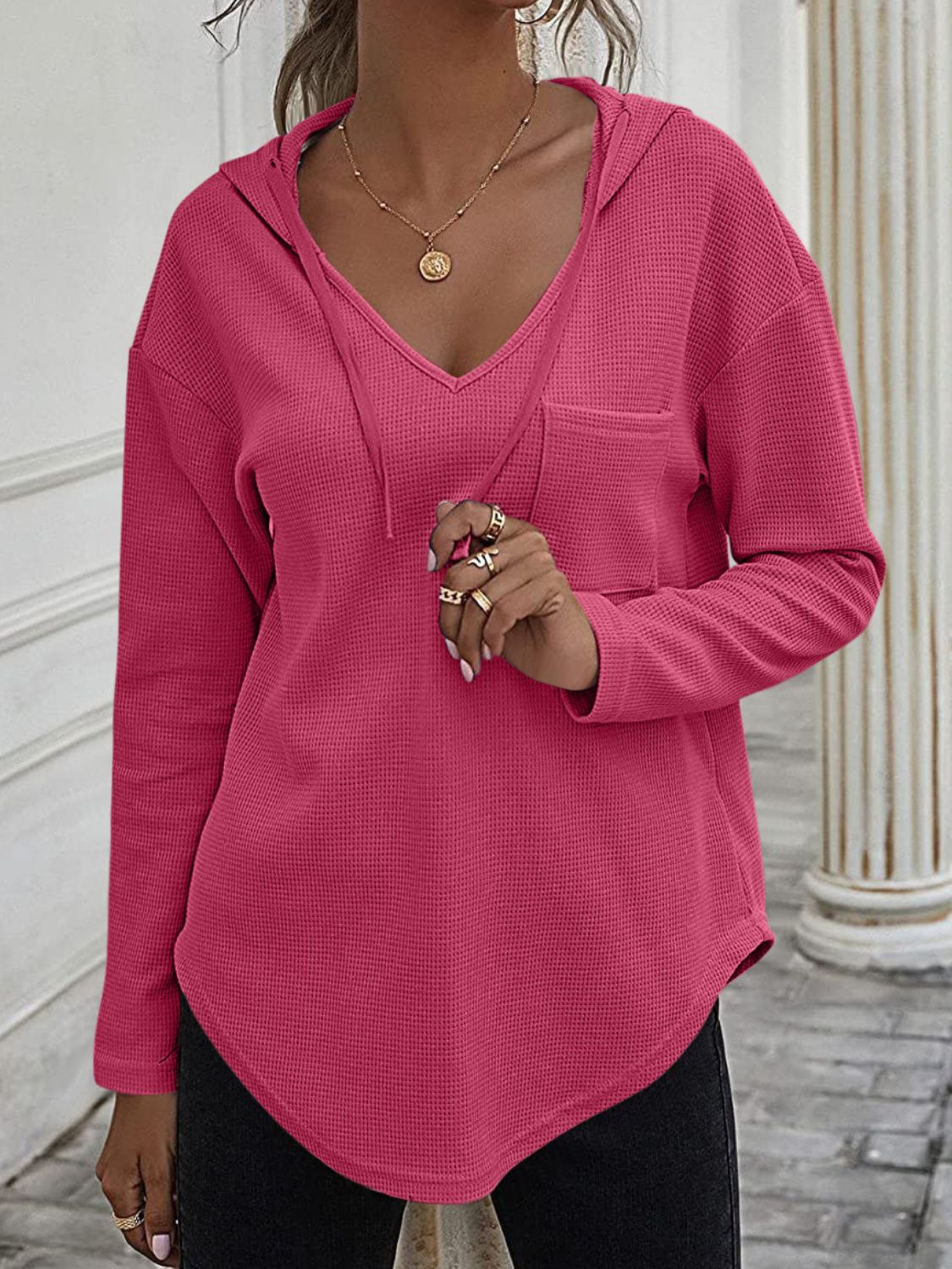 Drawstring Waffle Knit Long Sleeve Hooded Top-TOPS / DRESSES-[Adult]-[Female]-Hot Pink-S-2022 Online Blue Zone Planet