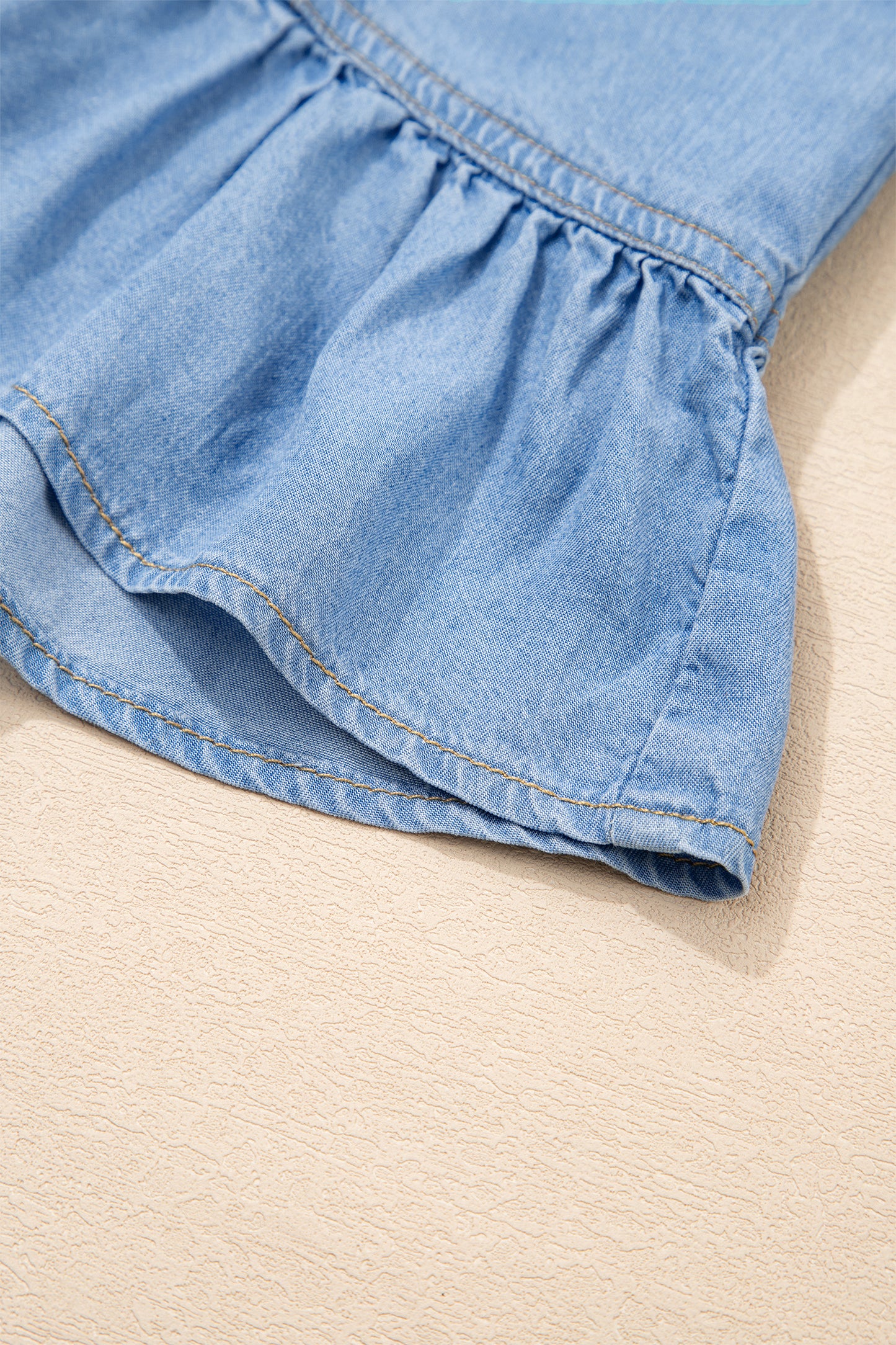 Beau Blue Half Sleeve Button Down Ruffled High Low Chambray Shirt-Tops/Blouses & Shirts-[Adult]-[Female]-2022 Online Blue Zone Planet