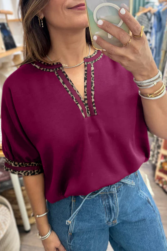 Red Dahlia Contrast Leopard Trim V Neck Short Sleeve Blouse-Tops/Blouses & Shirts-[Adult]-[Female]-Red Dahlia-S-2022 Online Blue Zone Planet