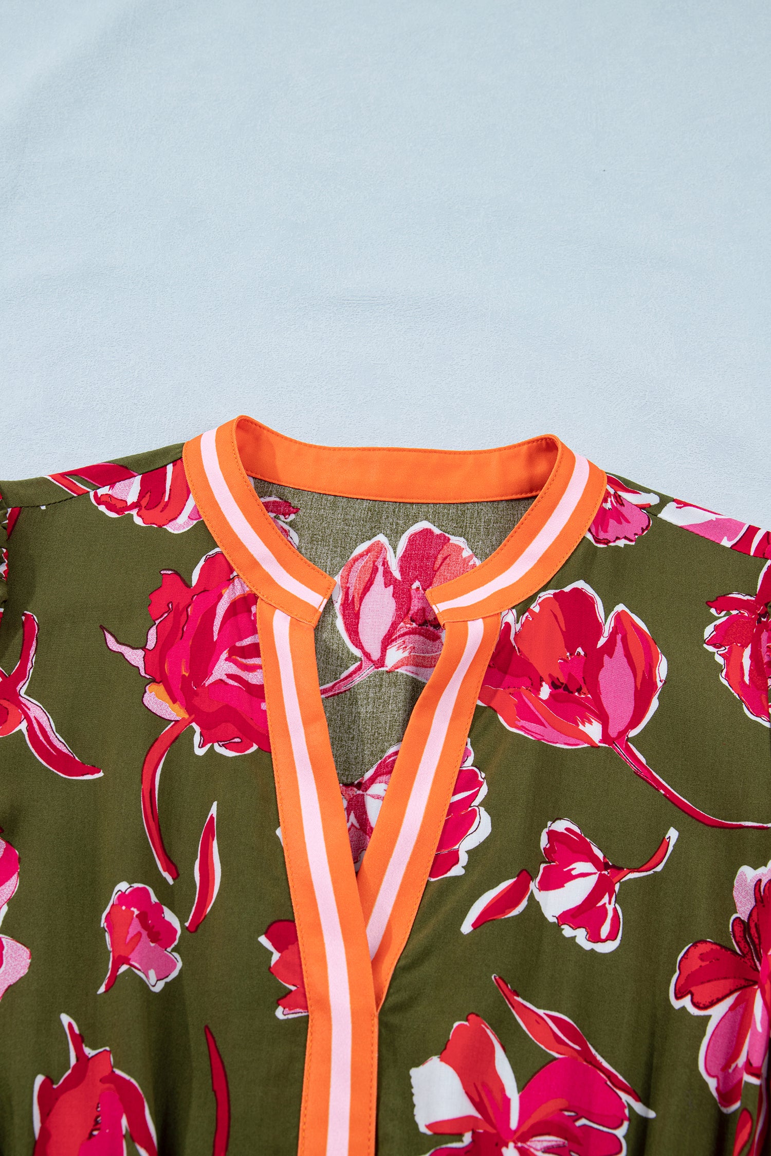 Green Floral Print Striped Trim Split Neck Short Puff Sleeve Ruffle Hem Maxi Dress-Dresses/Maxi Dresses-[Adult]-[Female]-2022 Online Blue Zone Planet