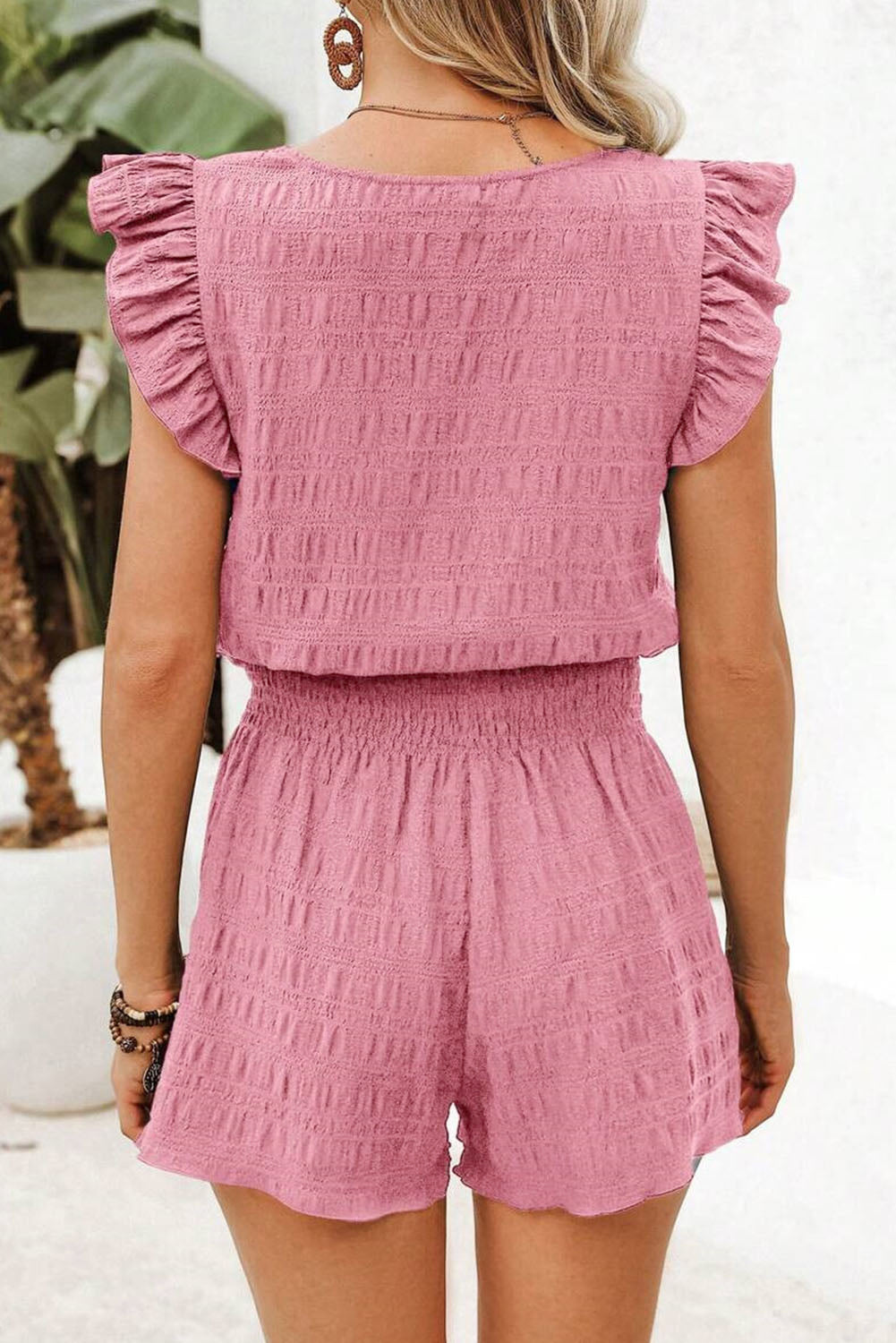 Peach Blossom Textured Square Neck Top and Shirred High Waist Shorts Set-Two Piece Sets/Short Sets-[Adult]-[Female]-2022 Online Blue Zone Planet